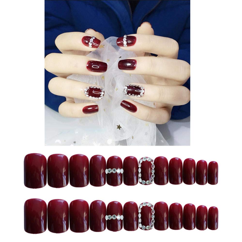 Luxury Diamond Red False Nails 24pcs Set - Full Coverage Artificial Nails for Wedding, Bridal, Party & Special Occasions - Pre-Designed Fake Nails with Wooden Wine Accents - Perfect for Nail Art and Glamorous Looks