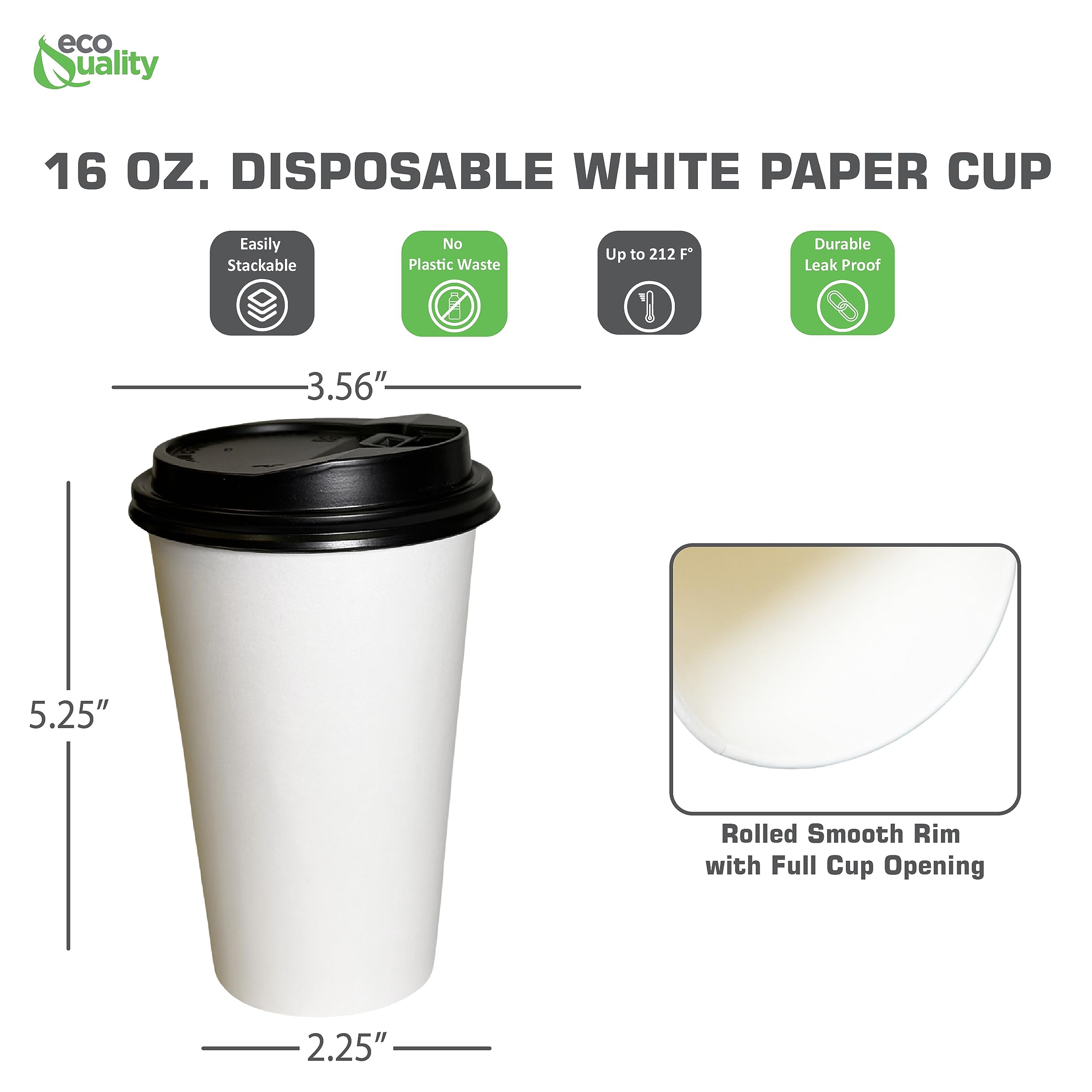 EcoQuality 16oz Disposable White Paper Coffee Cups with Black Lids - Bulk Pack of 500 - Ideal for Hot Drinks Like Coffee, Tea, Cappuccino, Hot Chocolate & Chai Latte - Perfect for Office, Cafes, Travel & Home Use