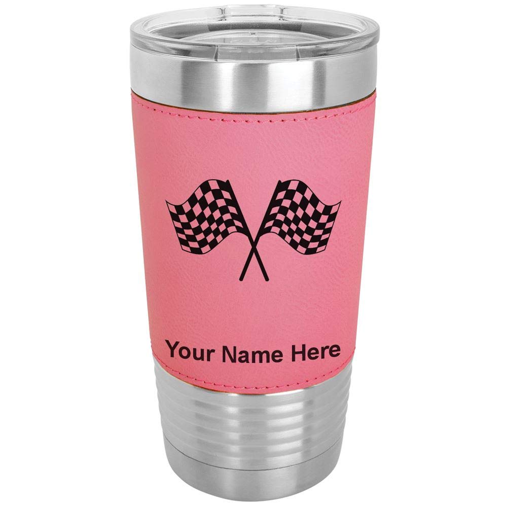 LaserGram 20oz Vacuum Insulated Stainless Steel Tumbler Mug with Racing Flags Design - Personalized Engraving, Leakproof Lid, Faux Leather Wrap (Pink) - Perfect for Coffee, Tea, Cold Drinks at Work, Gym or Travel