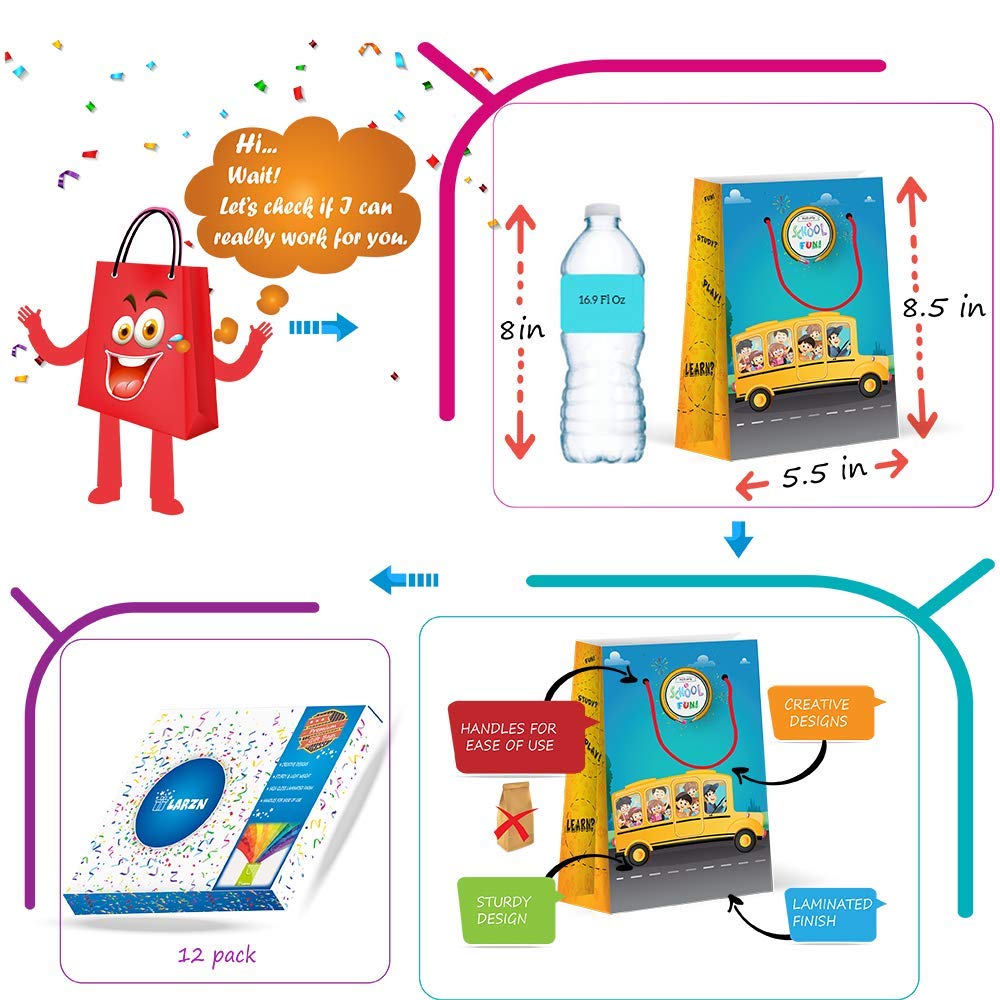 Premium School Bus Party Favor Bags - 12 Pack Treat & Goody Bags for Kids Birthday Party, Baby Shower & Classroom Celebrations - Fun School Bus Themed Gift Favors and Decorations