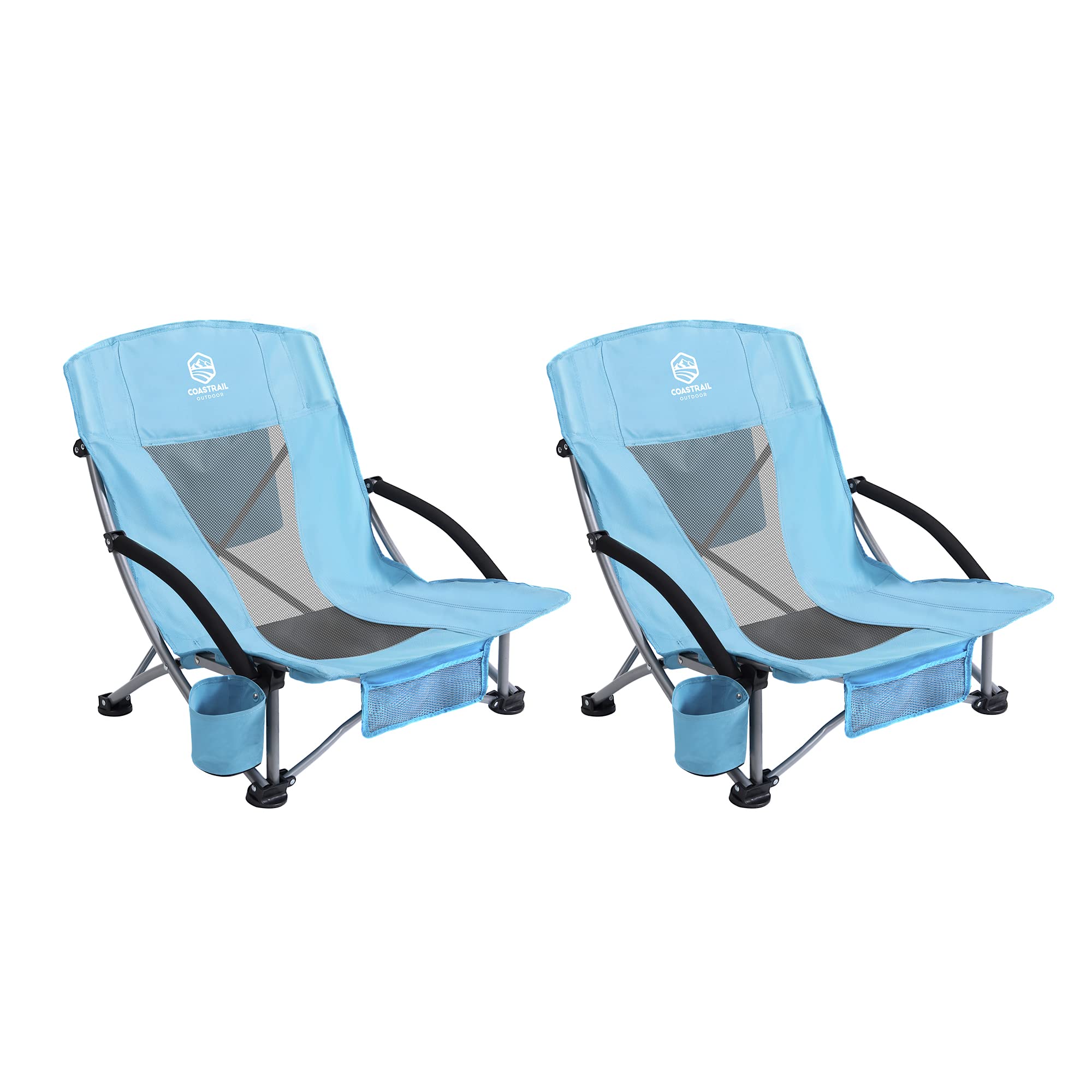 Coastrail Low Profile Folding Beach Chair with Cup Holder, Cooler & Phone Pocket - Lightweight Portable Outdoor Chair for Camping, Beach, Picnics - Supports 300lbs - Perfect for Relaxing by the Shore or Backyard Lounging