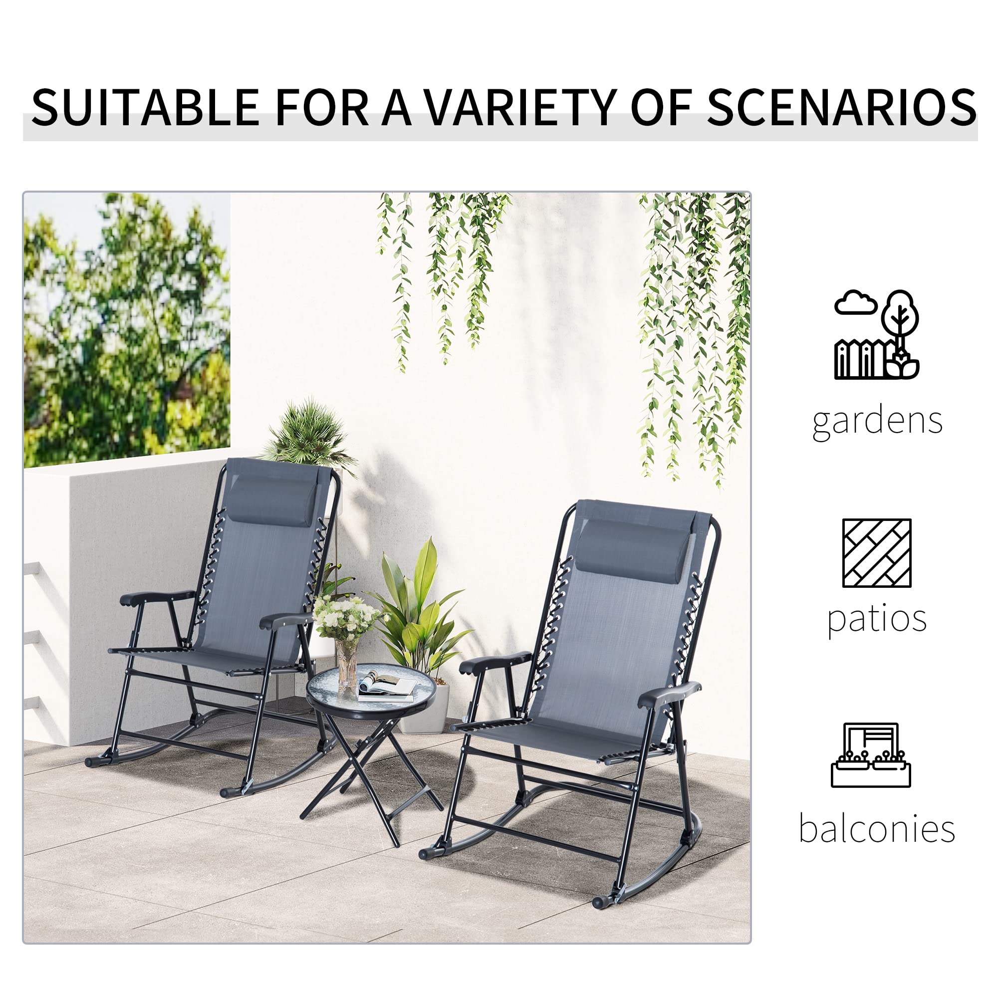 Outsunny 3-Piece Outdoor Rocking Bistro Set - Grey Patio Furniture with Folding Chairs & Glass Coffee Table for Garden, Deck, Backyard | Perfect for Relaxing, Entertaining & Outdoor Dining