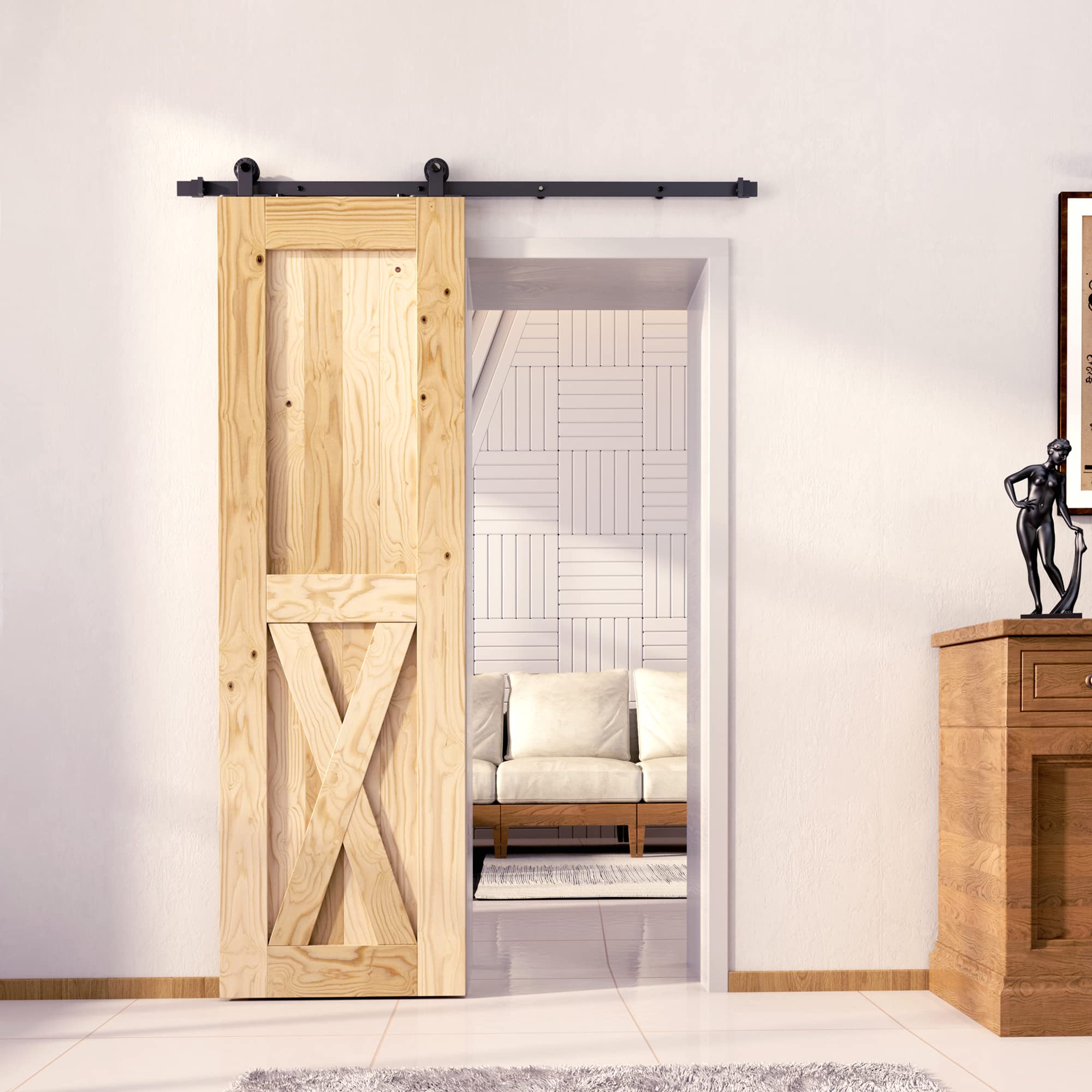 Homacer Black Rustic Non-Bypass Sliding Barn Door Kit with 4.5ft Flat Track & T-Shape Rollers - Single Door Hardware for 24in x 84in Interior Doors - Perfect for Bedrooms, Closets, and Farmhouse Style Homes