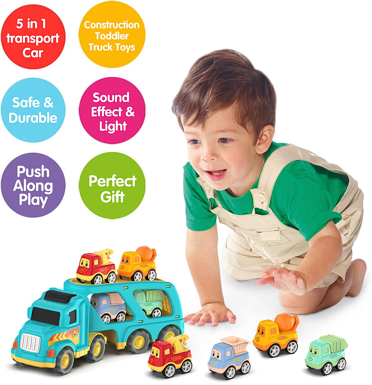 5-in-1 Construction Truck Toys for Toddlers & Kids Ages 3-7 | Carrier Transport City Vehicles Set | Educational STEM Toys for Boys & Girls | Perfect Birthday Gift for 3+ Year Olds | Great for Pretend Play, Sandbox Fun & Learning Construction Vehicles