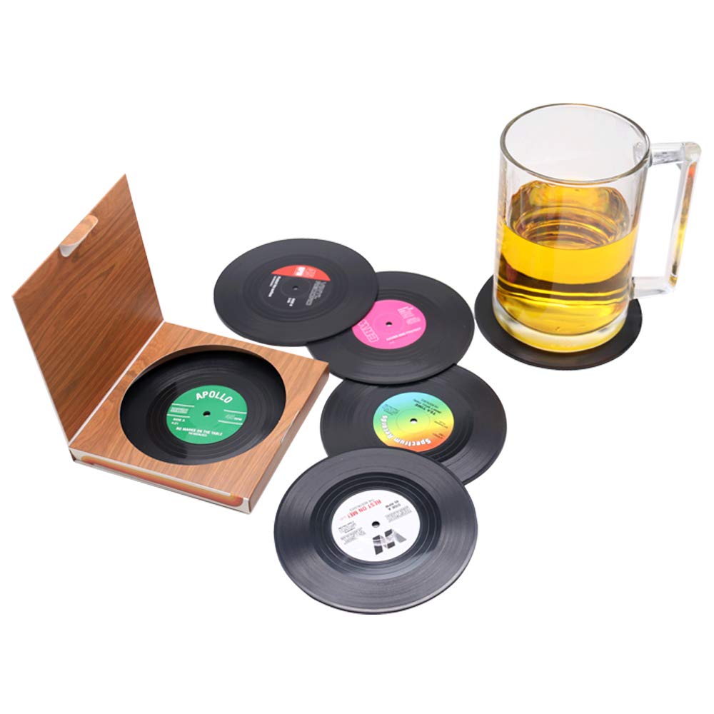 6-Pack Black CD Record Coasters - Vintage Vinyl Style Drink Coasters for Home Bar, Office, and Party Use