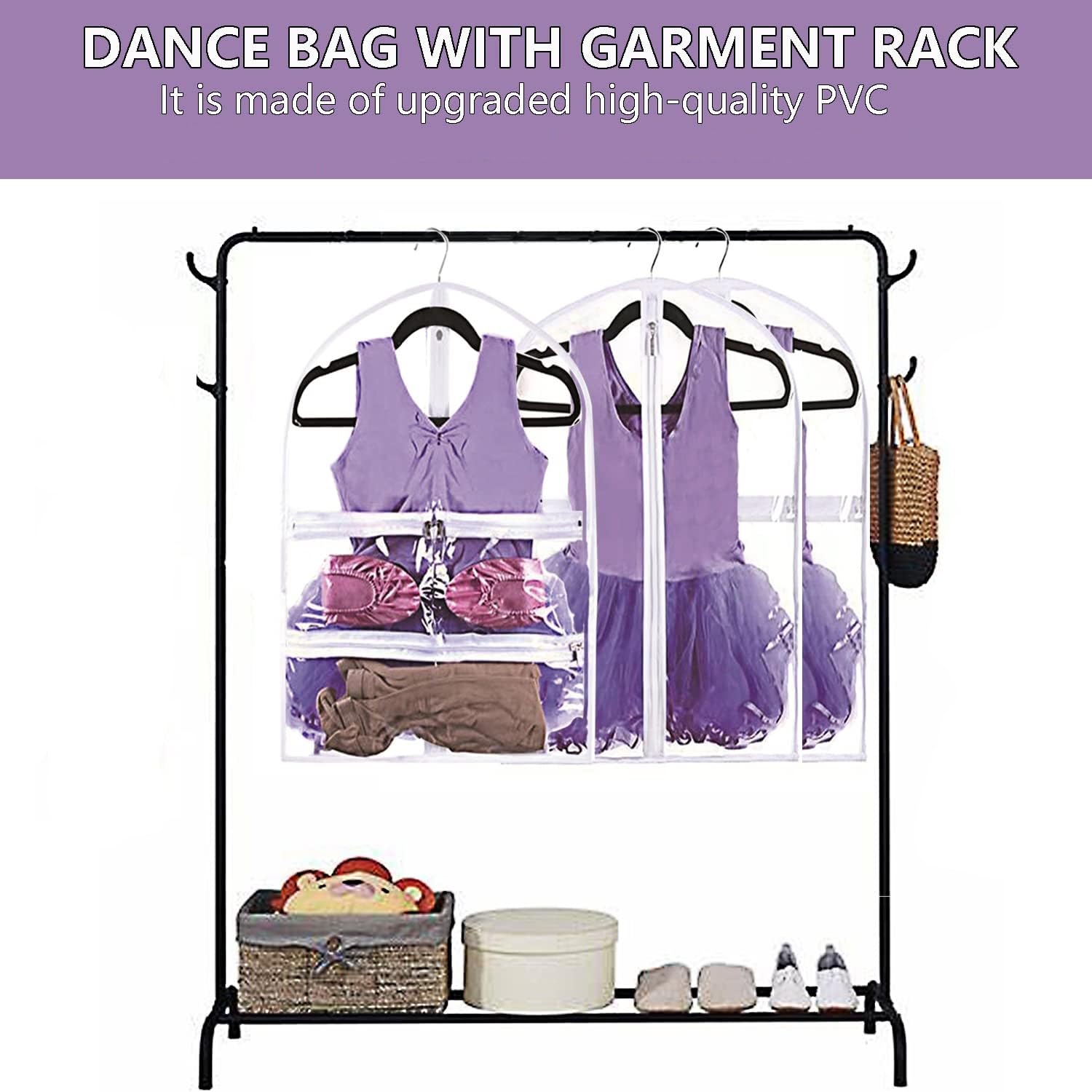 35 Inch Clear Kids Dance Garment Bag - Waterproof PVC Hanging Clothes Organizer with 3 Pockets for Dance Costumes, Sports Wear & Skating Outfits | Perfect for Theatre Performances, Beauty Pageants & Travel Storage
