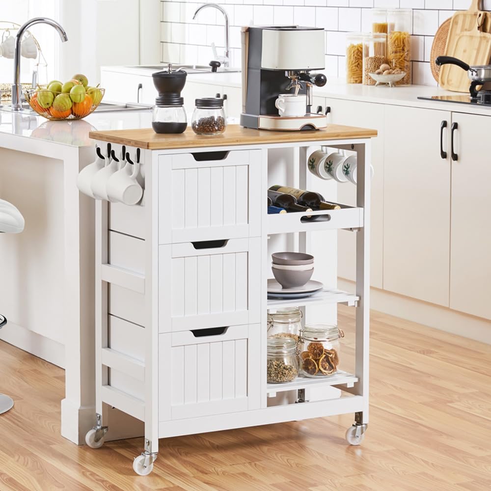 Yaheetech White Kitchen Island Cart with Bamboo Top - 3 Drawers & Shelves for Dining Room & Bar Storage