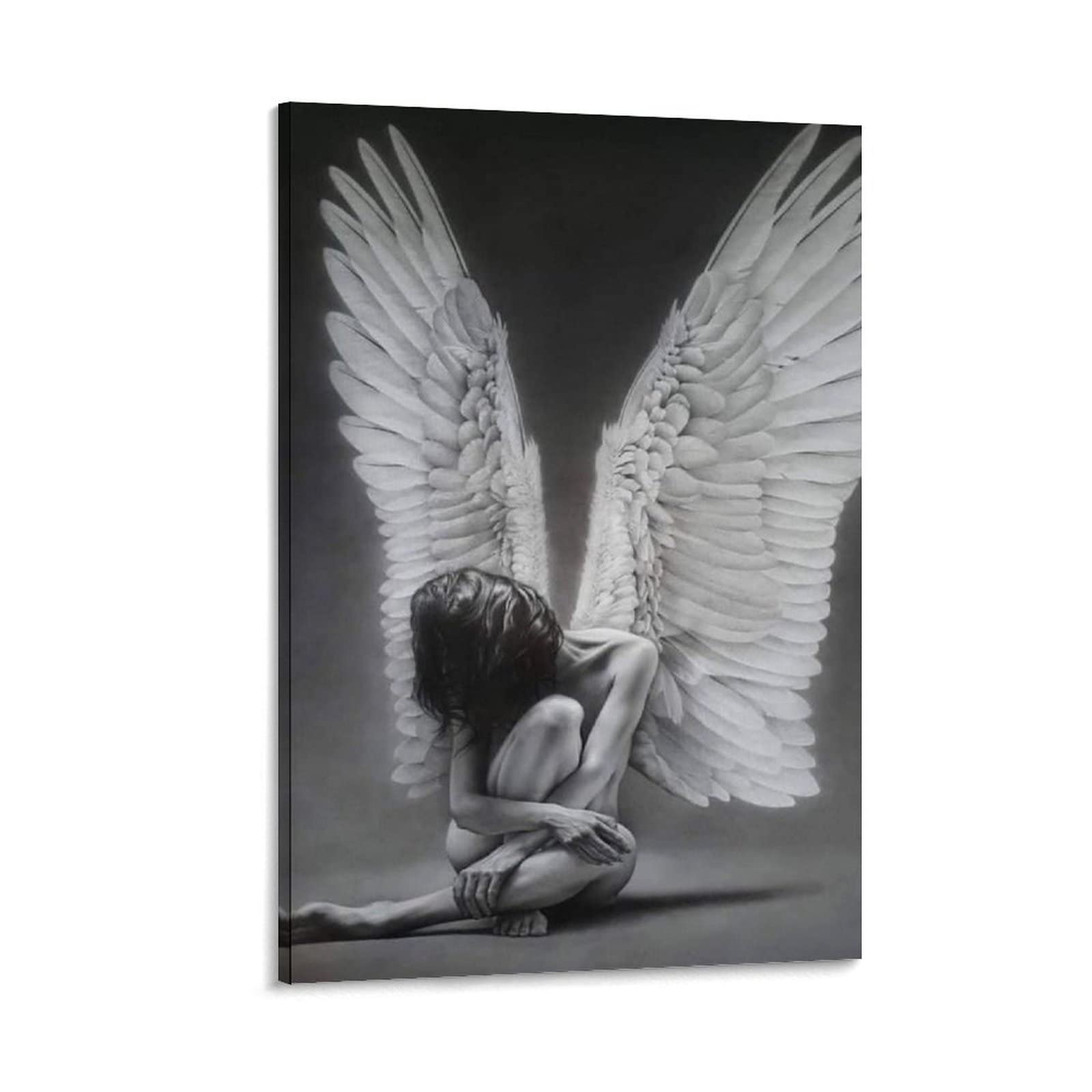 Fallen Angel Black and White Wings Canvas Art Print - Gothic Wall Decor for Living Room & Bedroom - 12x18 inch (30x45cm) Framed Poster - Perfect for Gothic Home Decor, Halloween Decorations, and Dark Aesthetic Interiors