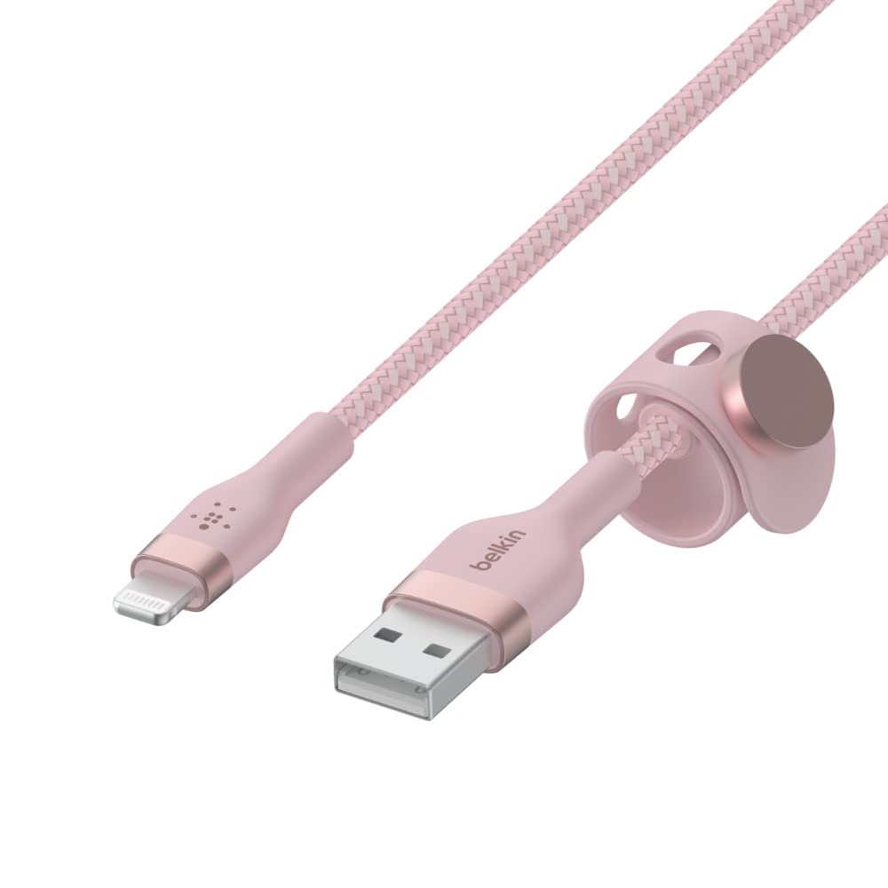 Belkin BoostCharge Pro Flex Braided USB to Lightning Cable 10FT (3M) - MFi Certified Fast Charging Cord for iPhone 14/13/12/11/Pro/Max/Mini/SE, iPad - Durable Nylon & Flexible Design (Pink) - Perfect for Home, Office & Travel Charging