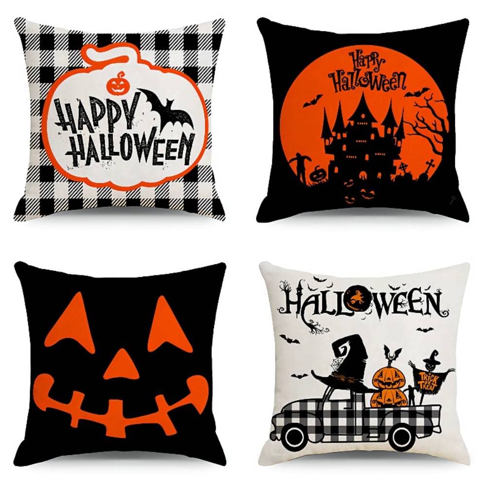 4 Pack Halloween Pillow Covers 18x18 Inch - Spooky Trick or Treat Throw Pillow Cases for Couch, Sofa & Bed Decor - Perfect for Halloween Party, Home Decor & Seasonal Festive Atmosphere