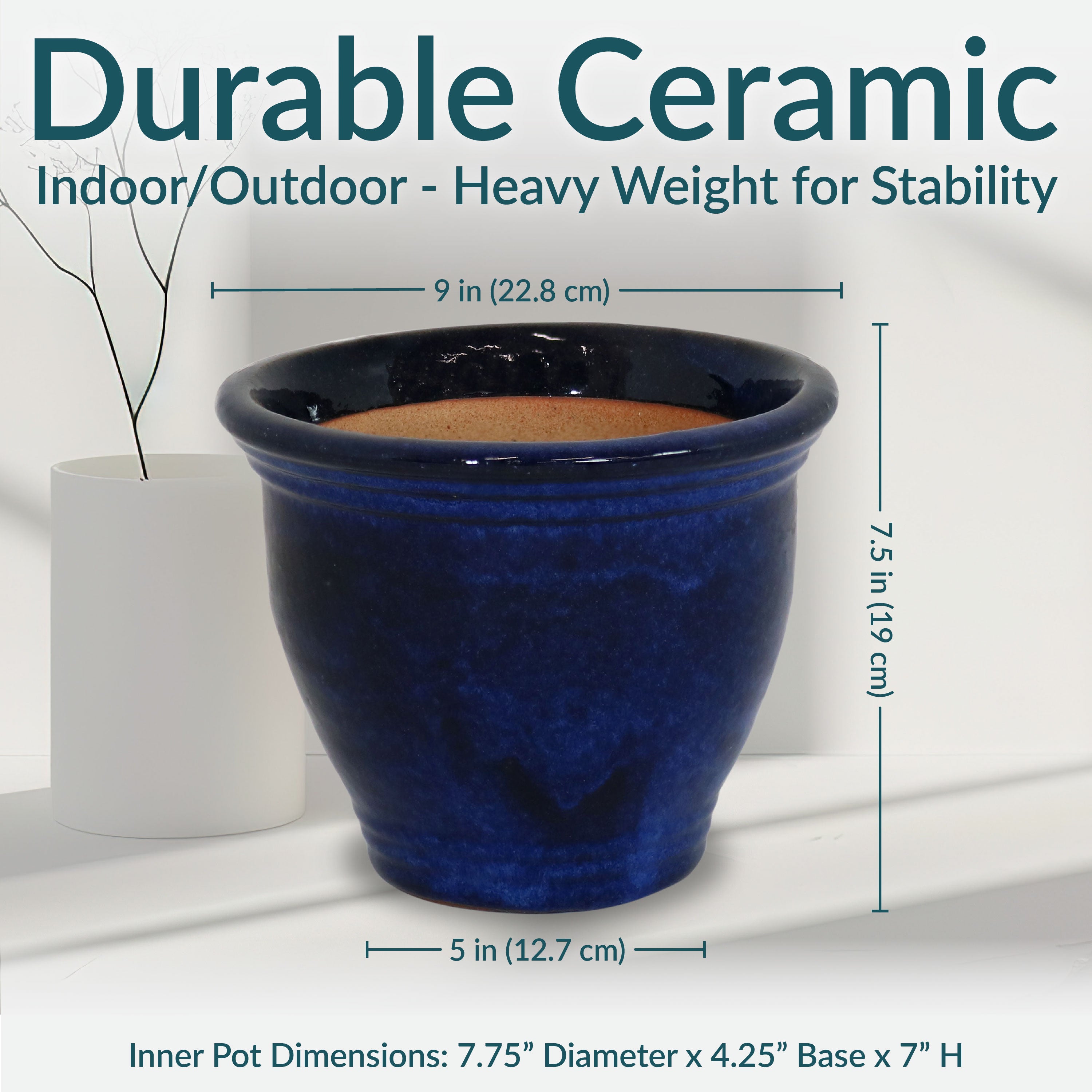 Premium Glazed Ceramic Plant Pots with Drainage Holes - Set of 2 Indoor/Outdoor Flower Planters for Home Decor, Garden & Patio