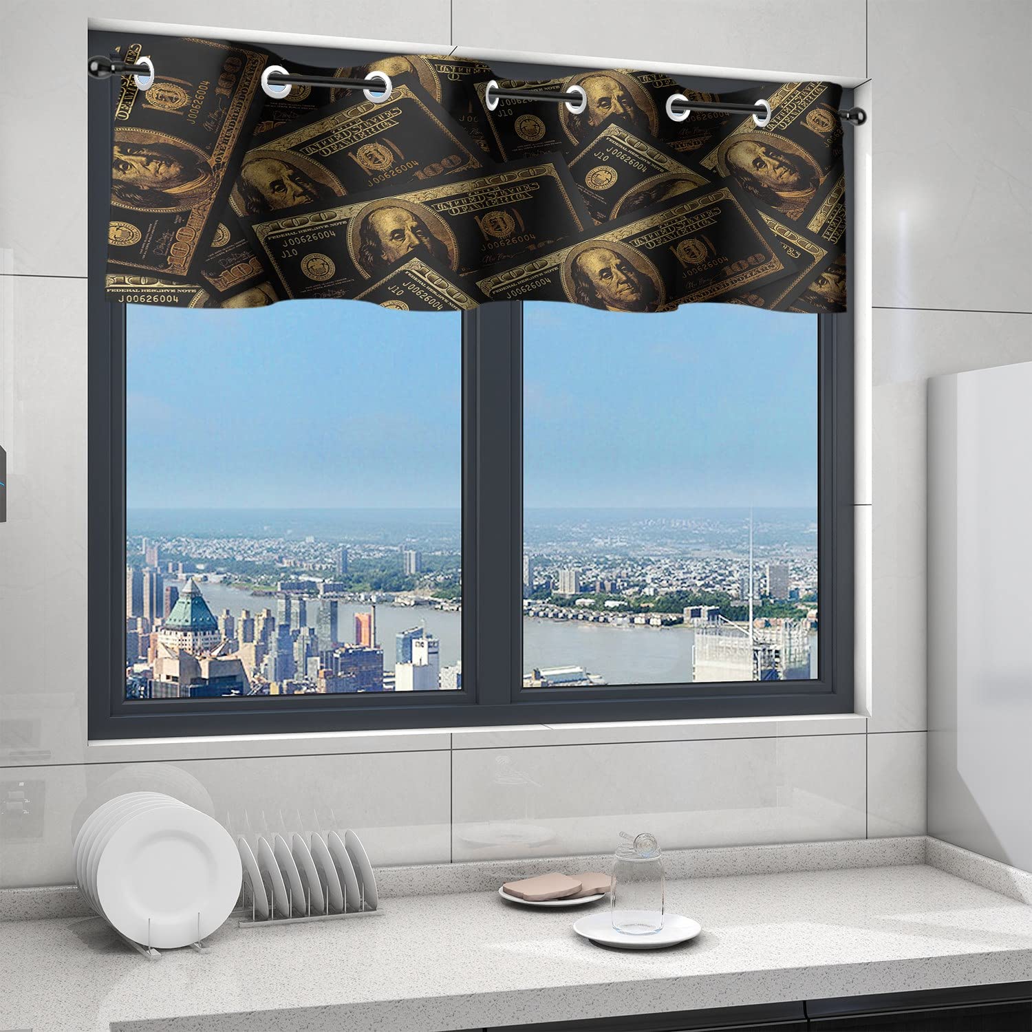 Modern Black & Gold 100 Dollar Bill Print Kitchen Curtain Valances - Room Darkening Window Treatment for Bedroom & Small Windows (16