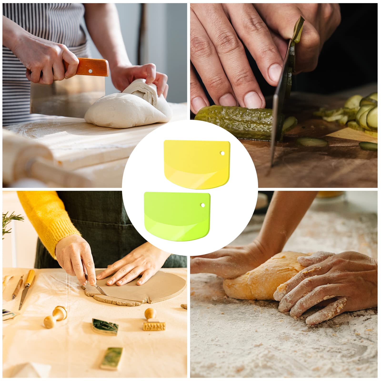 KINBOM 2-Pack Plastic Dough Scraper - 4.7x3.7 Inch Multi-Purpose Kitchen Tool for Baking, Pastry, Bread & Pizza Dough - Bowl Scraper & Food Chopper (Yellow & Green) - Perfect for Home Bakers & Professional Chefs