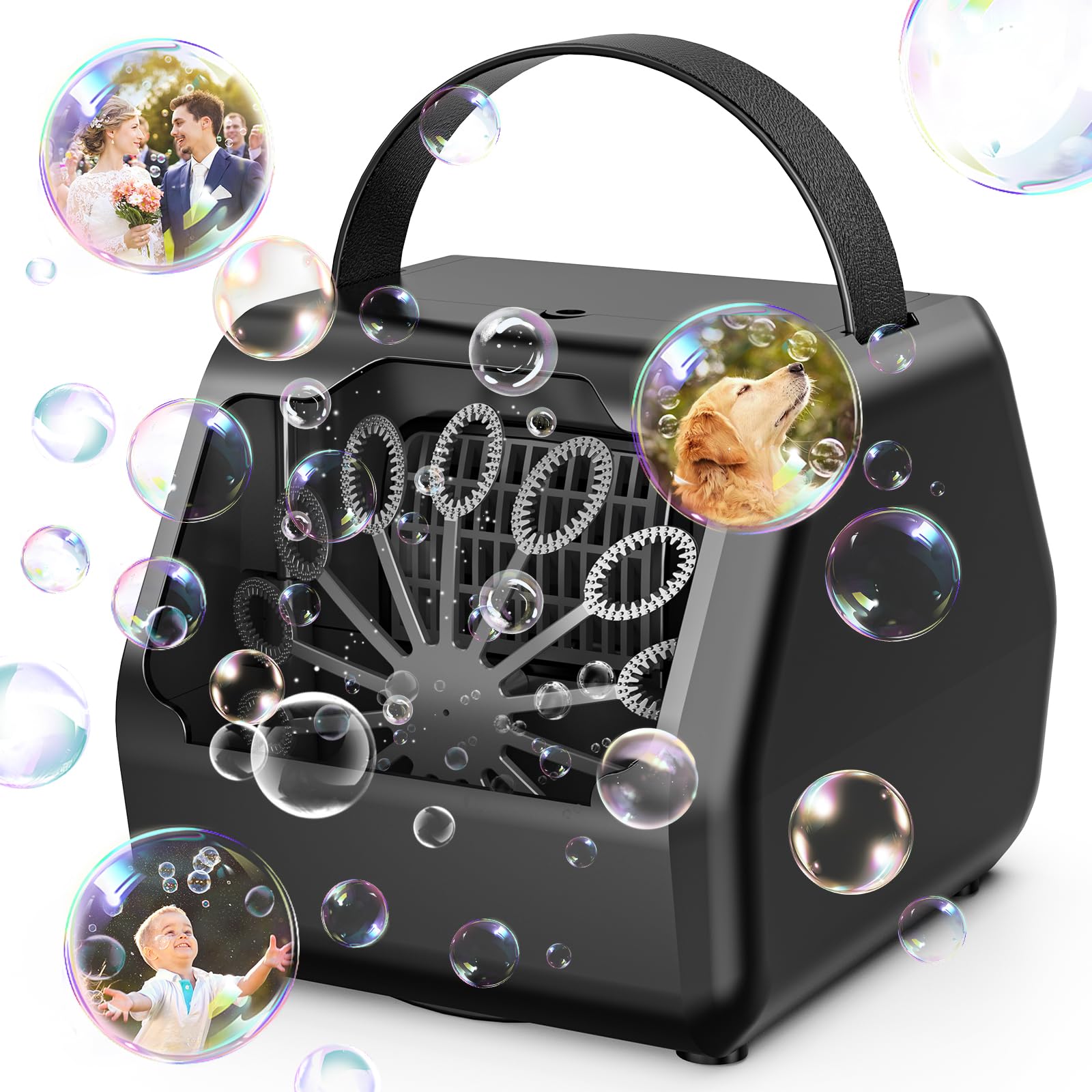 Rechargeable Bubble Machine for Kids - 16000+ Bubbles Per Minute with 2 Speed Settings | USB/Battery Operated Outdoor Bubble Blower for Birthday Parties, Weddings, Backyard Fun (Black) - Perfect for Summer Outdoor Play, Kids Entertainment, and Event Decorations