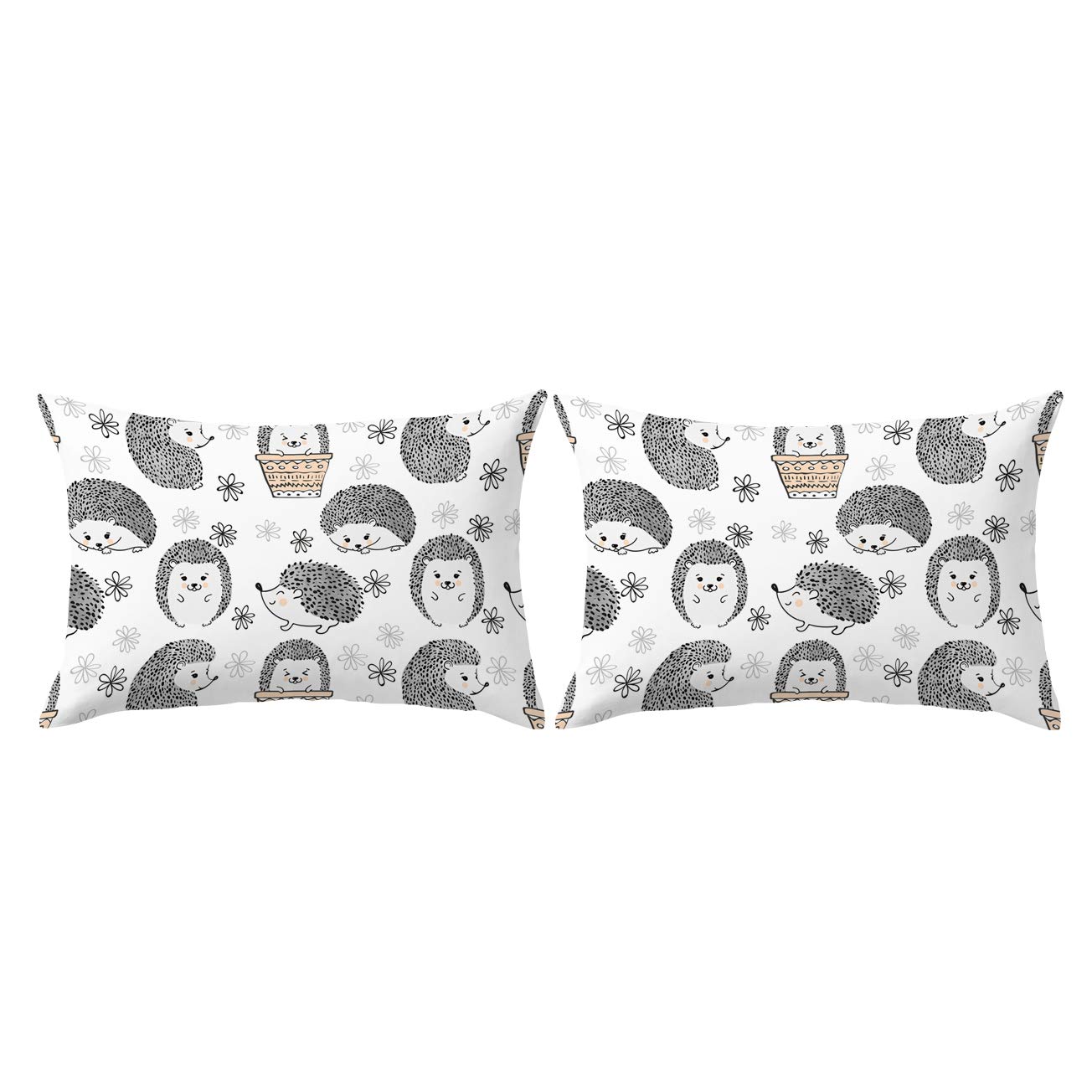 Cute Hedgehog White Pillowcase Set of 2 - Gray Woodland Animals Print - Standard Size 20
