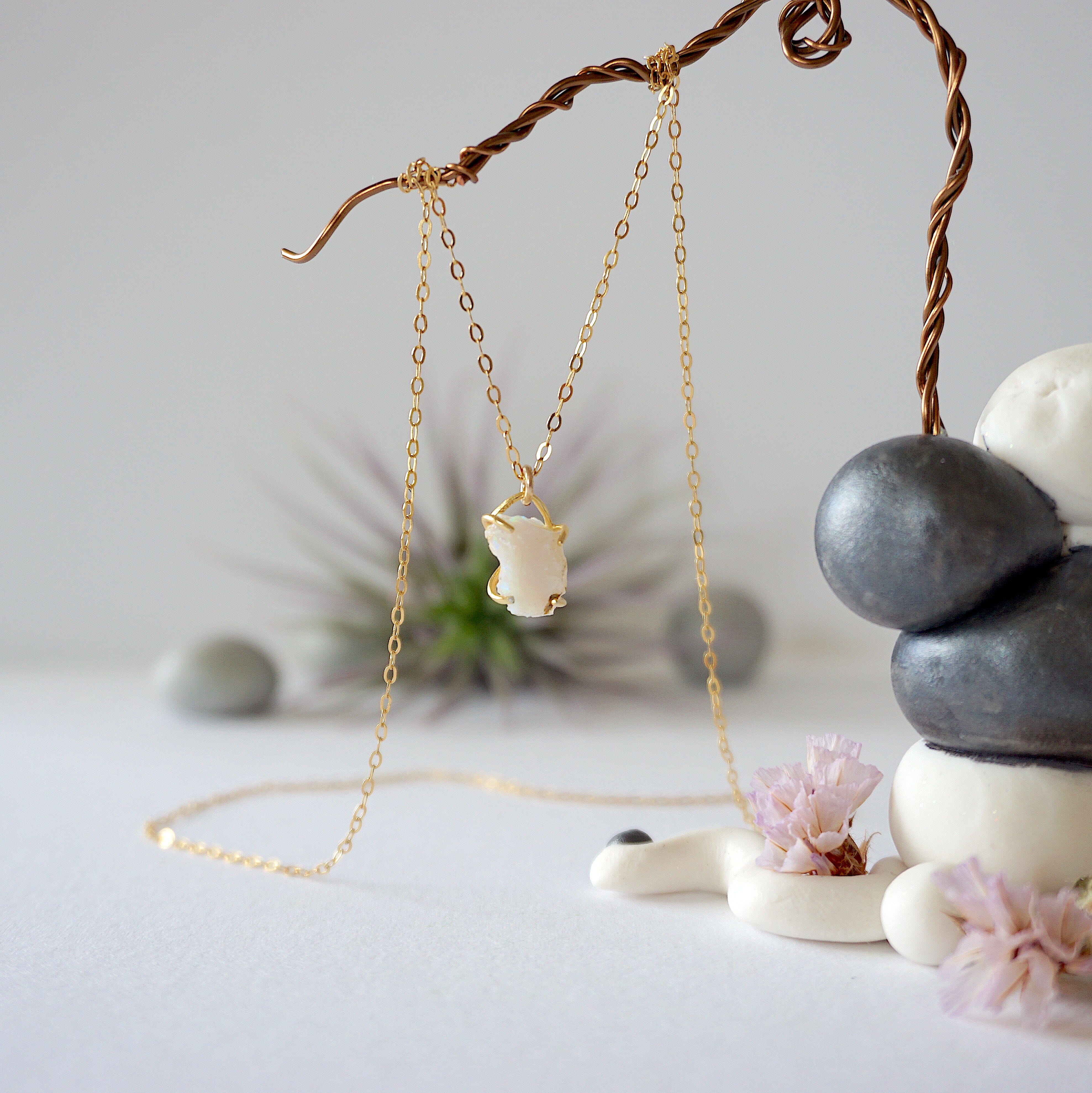 14K Gold Filled Raw Opal Huggie Charm Necklace - Elegant Dainty Jewelry for Women, Perfect for Everyday Wear, Gift Giving & Special Occasions