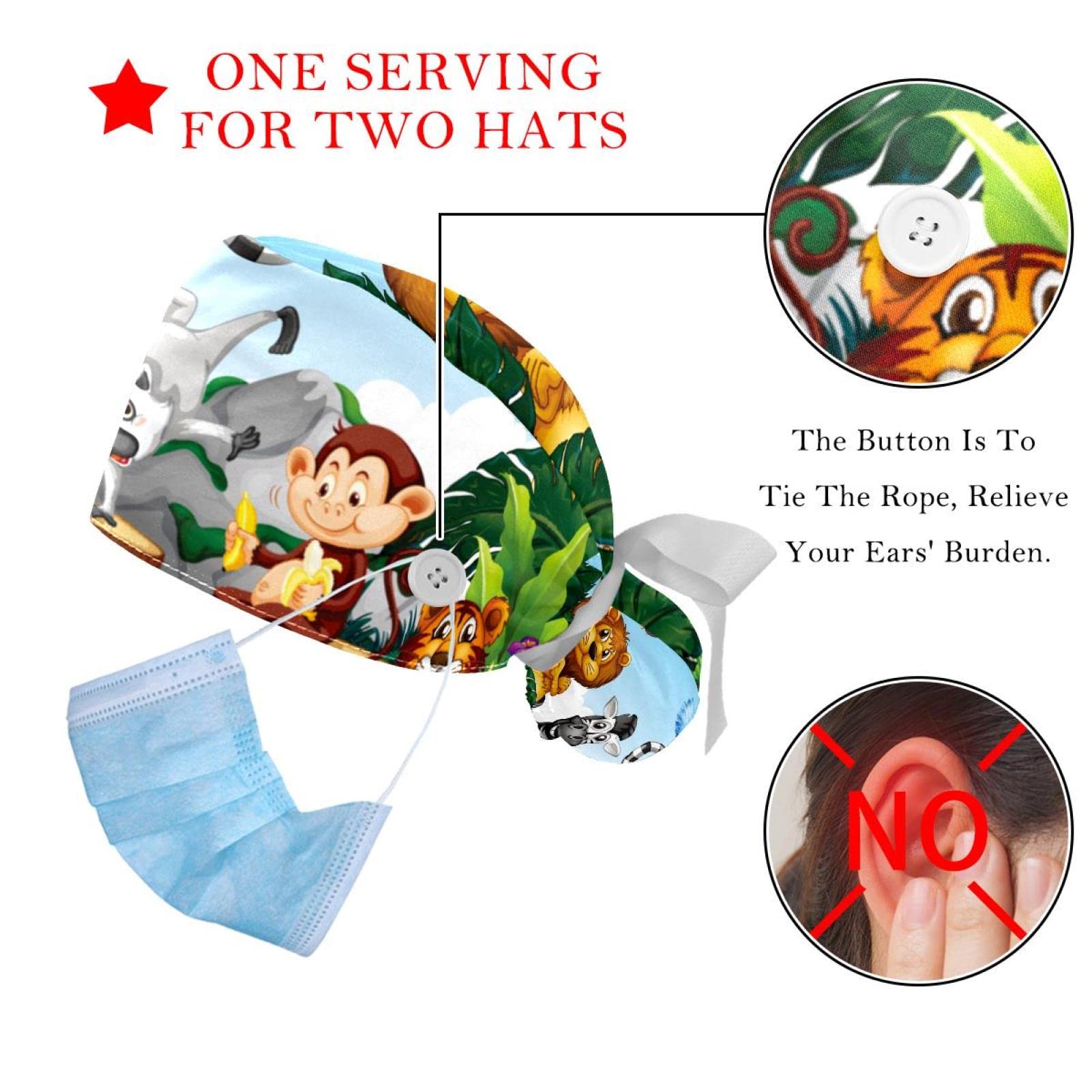 Wild Animals Print Scrub Hats for Women & Men - 2 Pack Surgical Caps with Button Closure & Sweatband - Long Hair Working Hats for Nurses, Doctors, Dentists - Perfect for Hospitals, Clinics & Healthcare Professionals