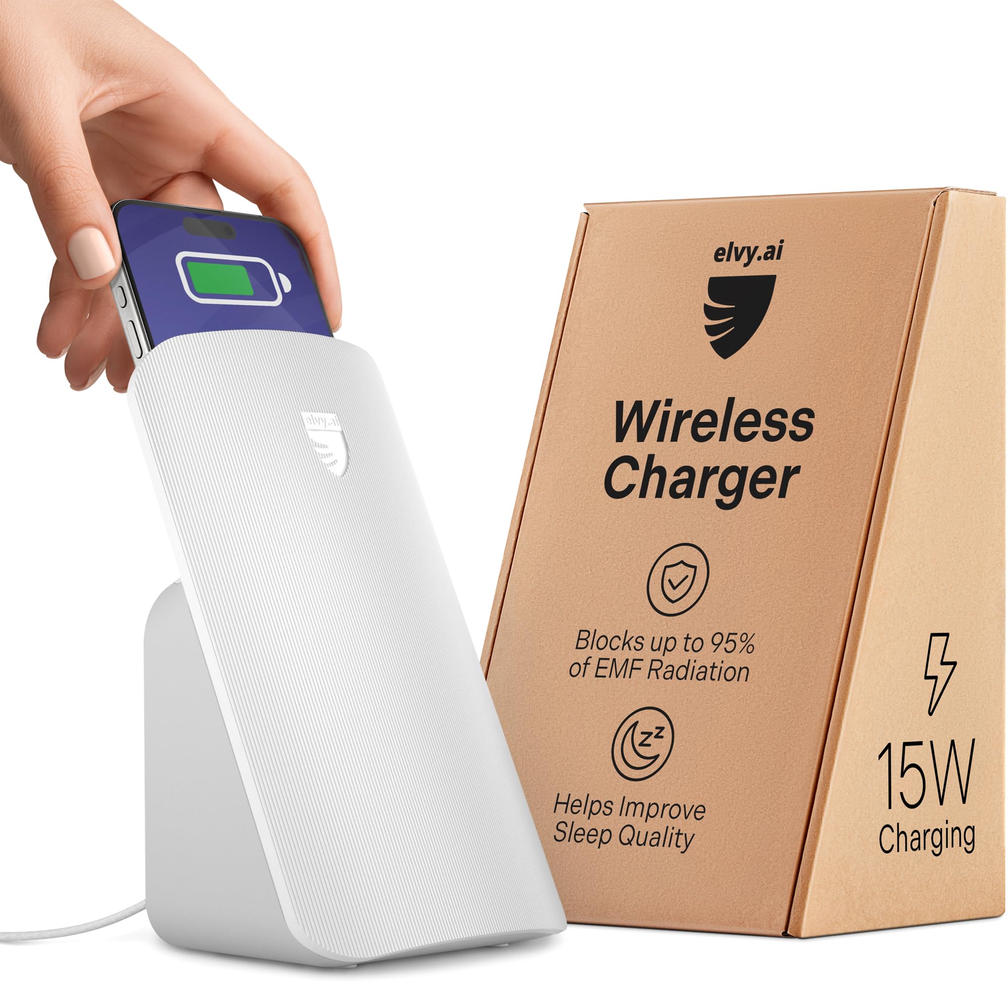 Elvy Fast Qi Wireless Charger for iPhone & Android Phones - EMF Protection, Lab Tested by Ordos Tech, Safe & Fast Charging (Snow White) | Perfect for Home, Office & Travel