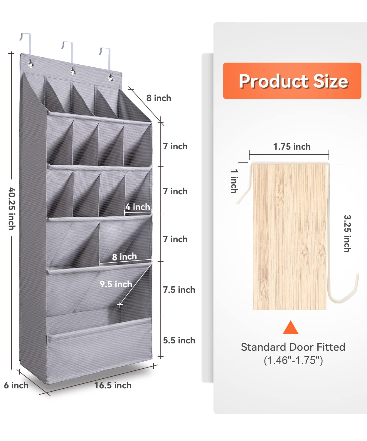 FENTEC Over the Door Shoe Organizer with 15 Large Pockets - Hanging Shoe Rack for Closet, Wall Mount Storage - Gray Space Saving Shoe Holder for Bedroom, Entryway & Dorm Organization