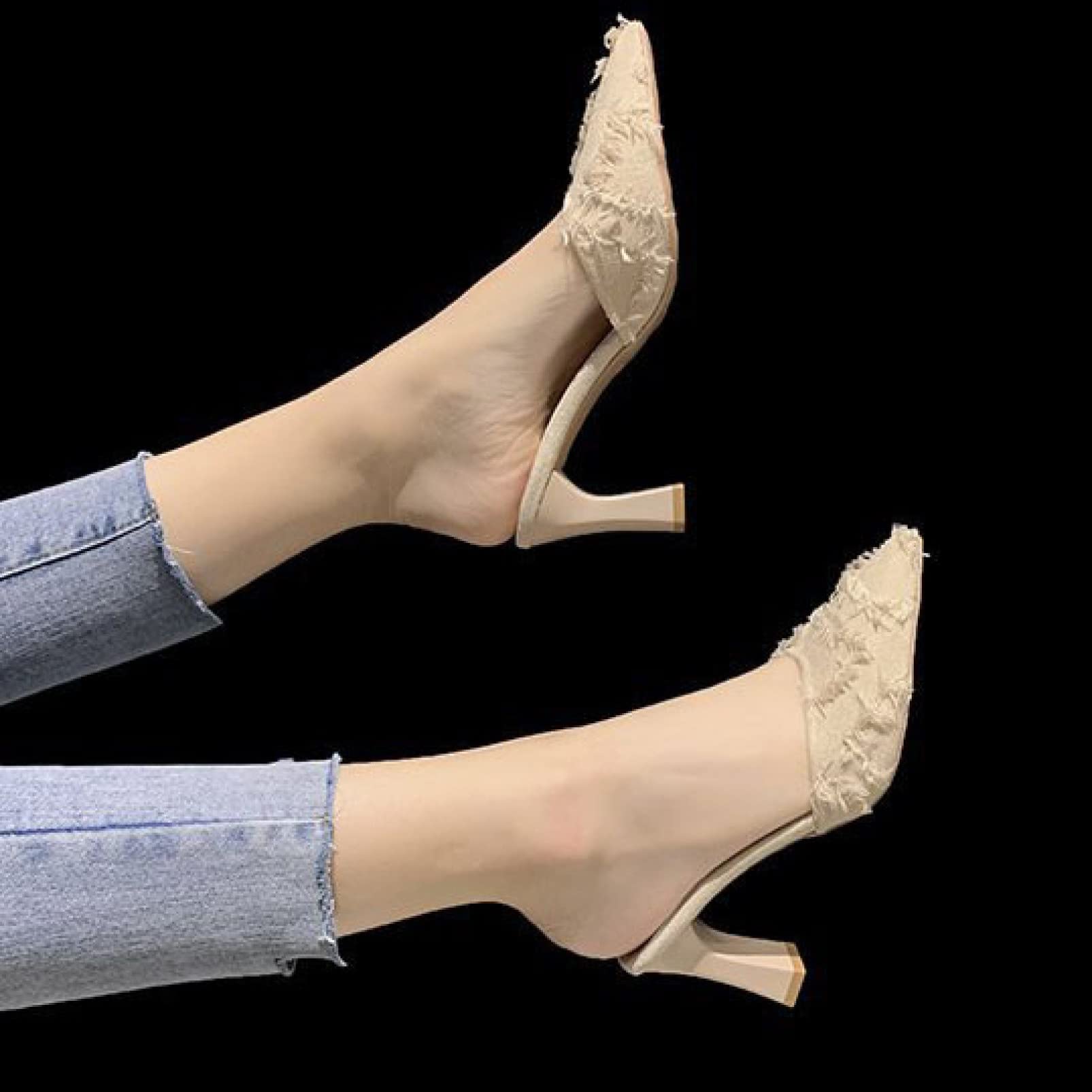 Women's Block Heel Mules - Pointed Toe Slip-On Clogs with Fabric Upper | Comfortable High Heel Backless Loafers for Work, Office & Casual Outfits