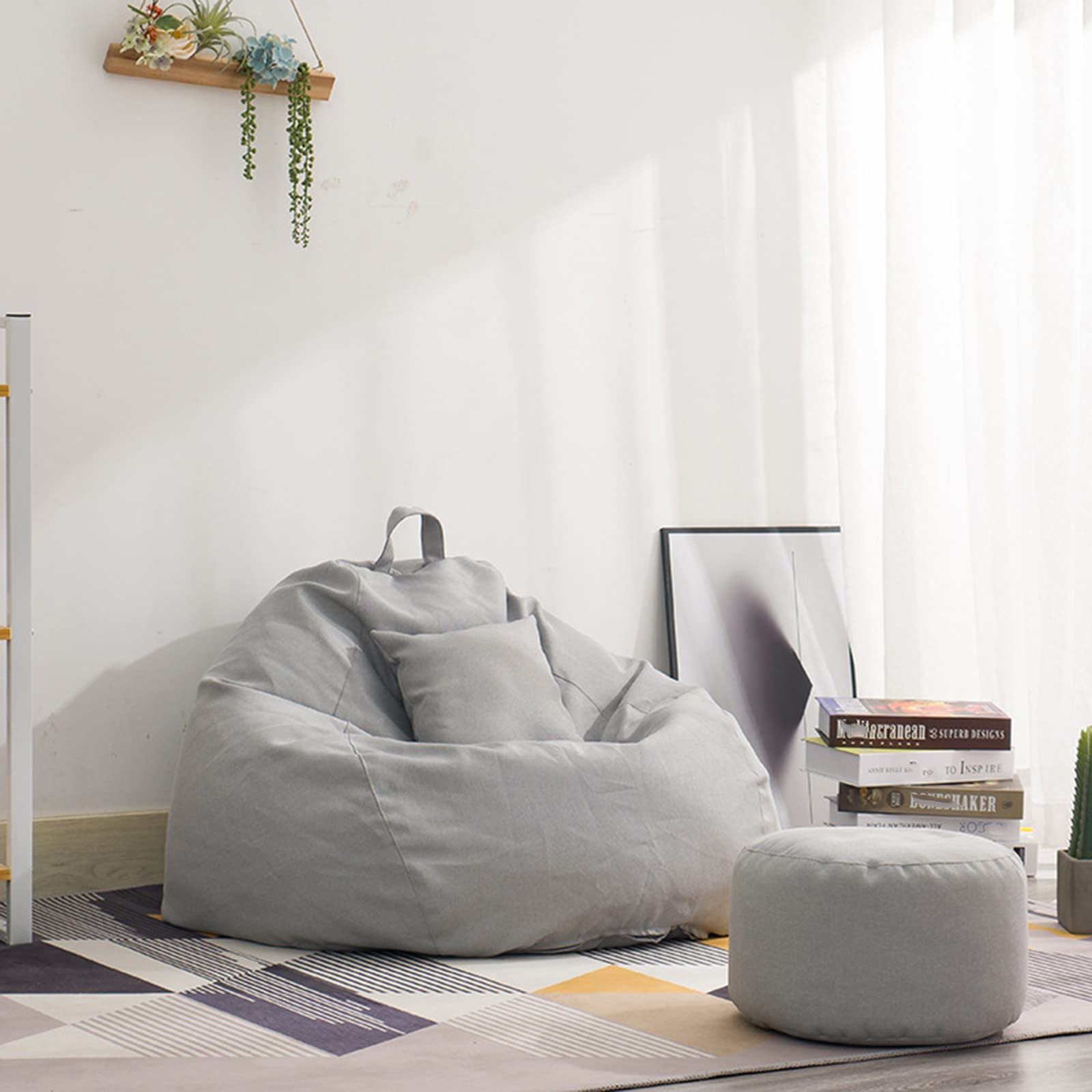 HWOEK Bean Bag Sofa Chair Cover (No Filler) - Gray 110x130cm for Adults & Kids - Stuffed Animal Storage & Lazy Sofa Cover with Footstool - Perfect for Living Room, Bedroom & Playroom