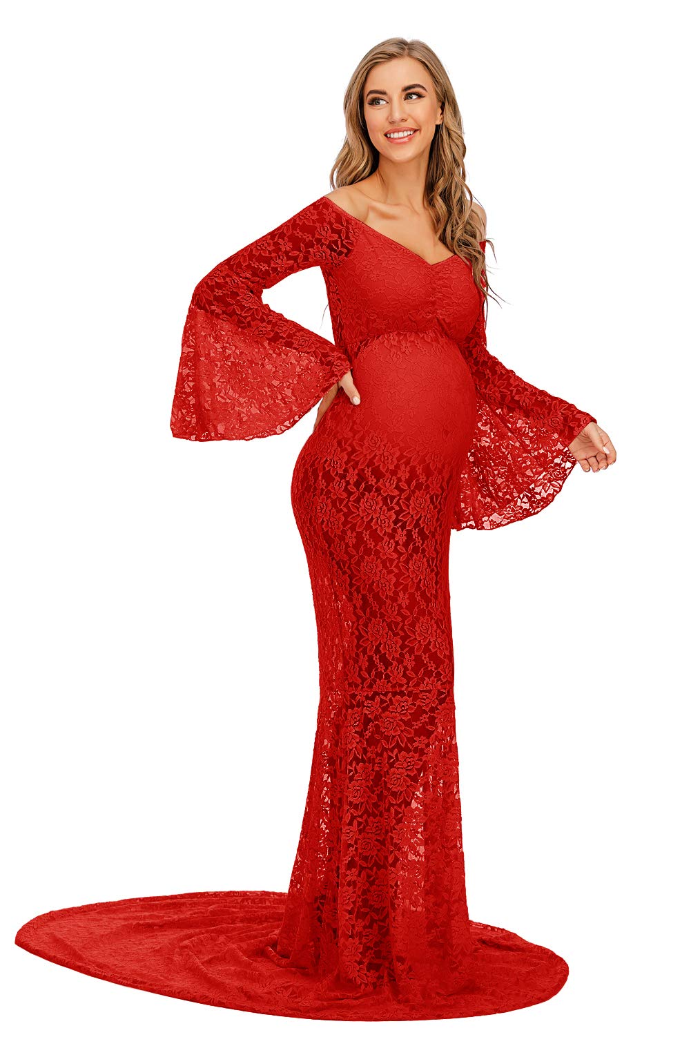 ZIUMUDY Flared Sleeve Lace Maternity Maxi Dress - Off Shoulder See-Through Sexy Pregnancy Gown for Photoshoot, Baby Shower & Special Occasions