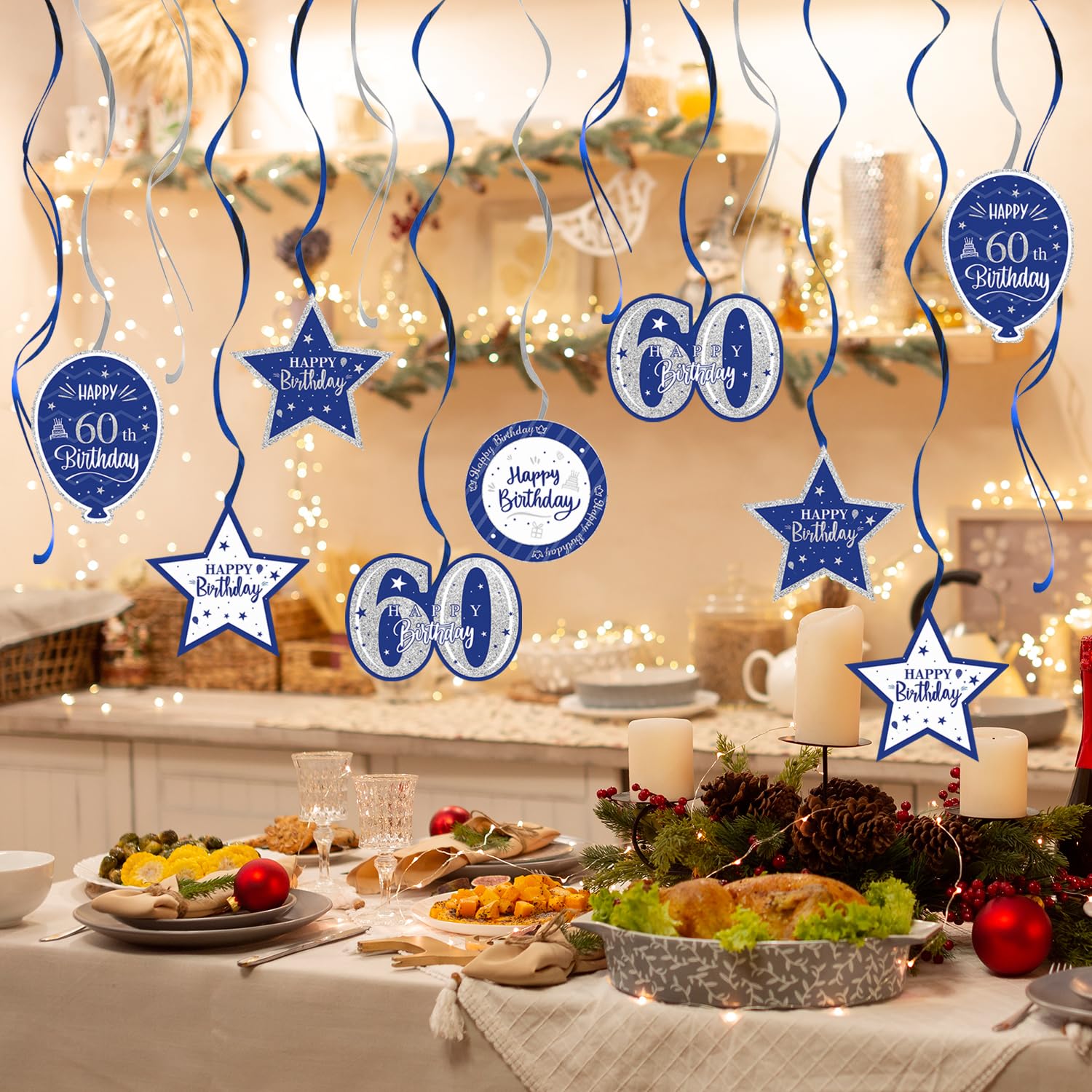60th Birthday Party Decorations - Blue & Silver Glitter Swirl Streamers (15 Pcs) with 'Cheers to Sixty Years' Sign - Perfect for Milestone Celebrations, Anniversaries & Retirement Parties