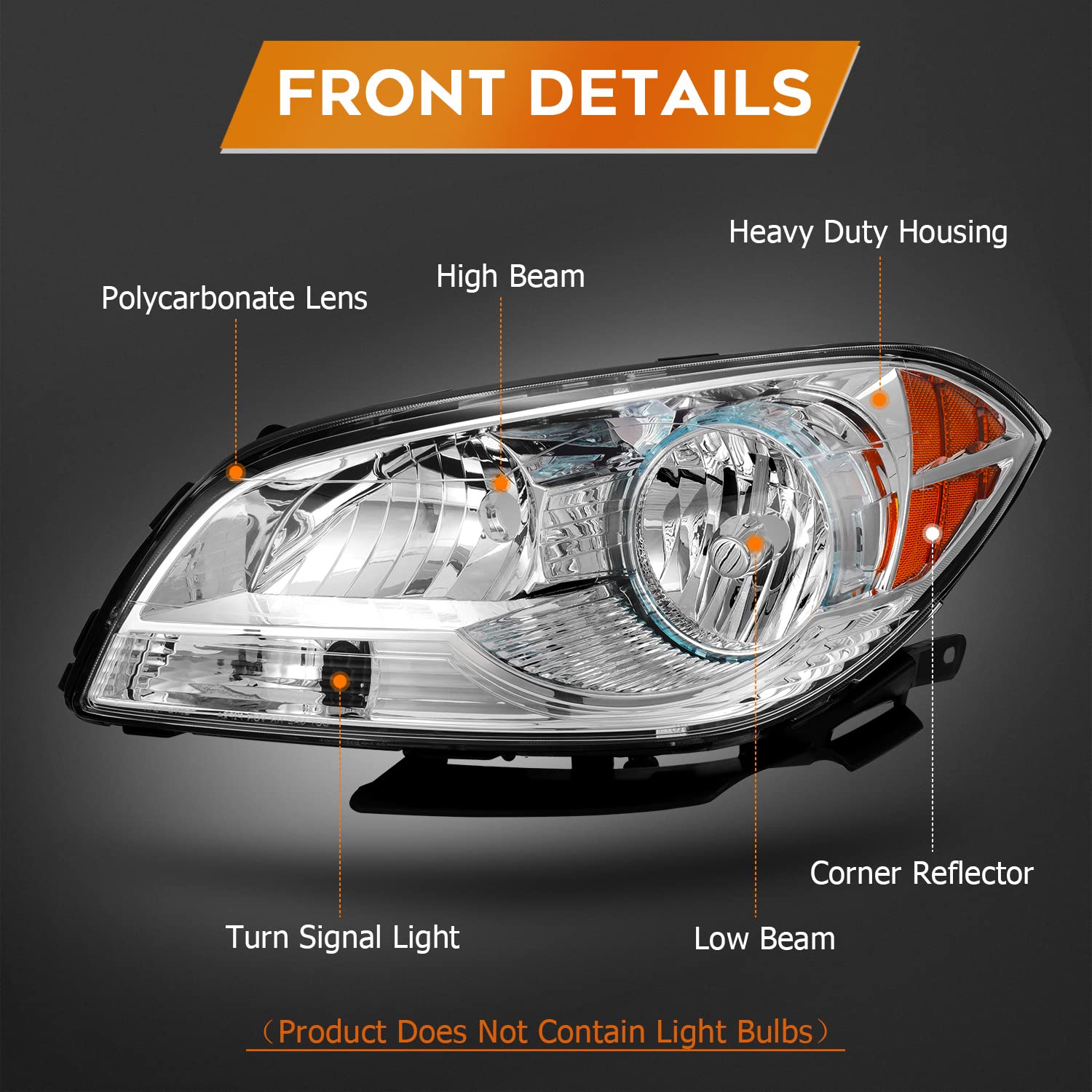 Chevrolet Malibu Headlight Assembly 2008-2012 - Chrome Housing, Amber Reflector, Clear Lens - Driver & Passenger Side Replacement Headlamps - Perfect for Night Driving & Vehicle Restoration Projects
