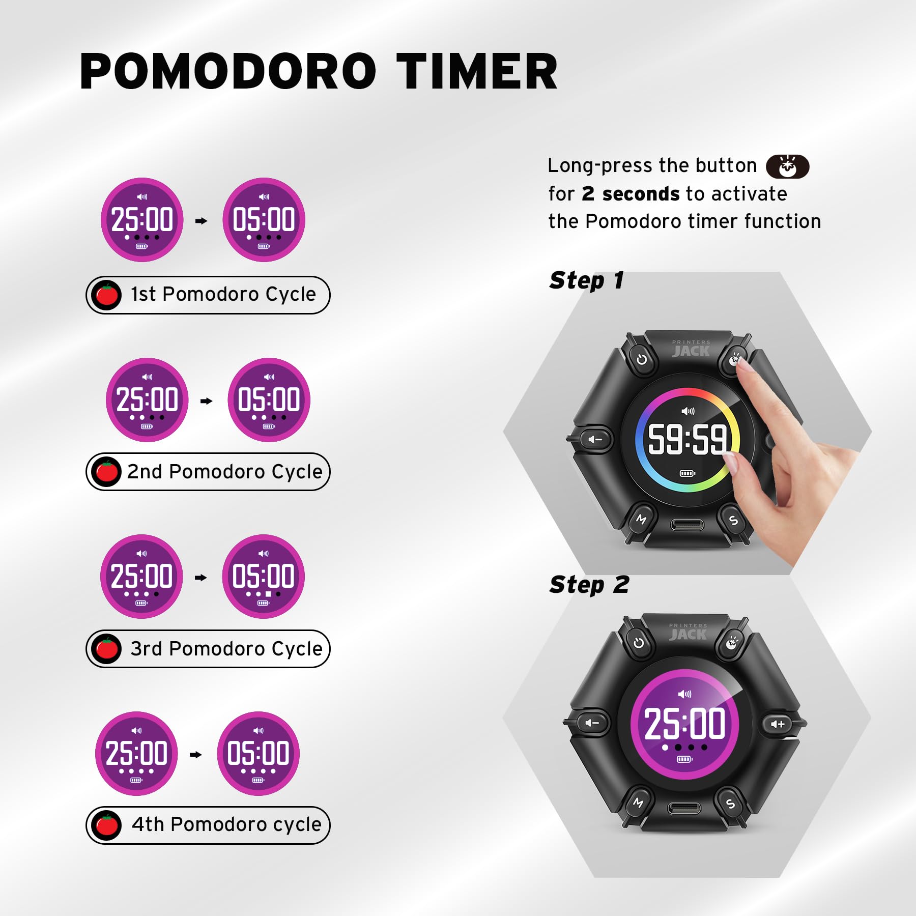Pomodoro Timer Cube - Visual Focus Timer with Mute, Vibration & Adjustable Sound Alerts - 3/5/10/25/30/60min Custom Countdown - Productivity Tool for Office Work, Study, ADHD Focus - Black - Perfect for Time Management & Task Tracking