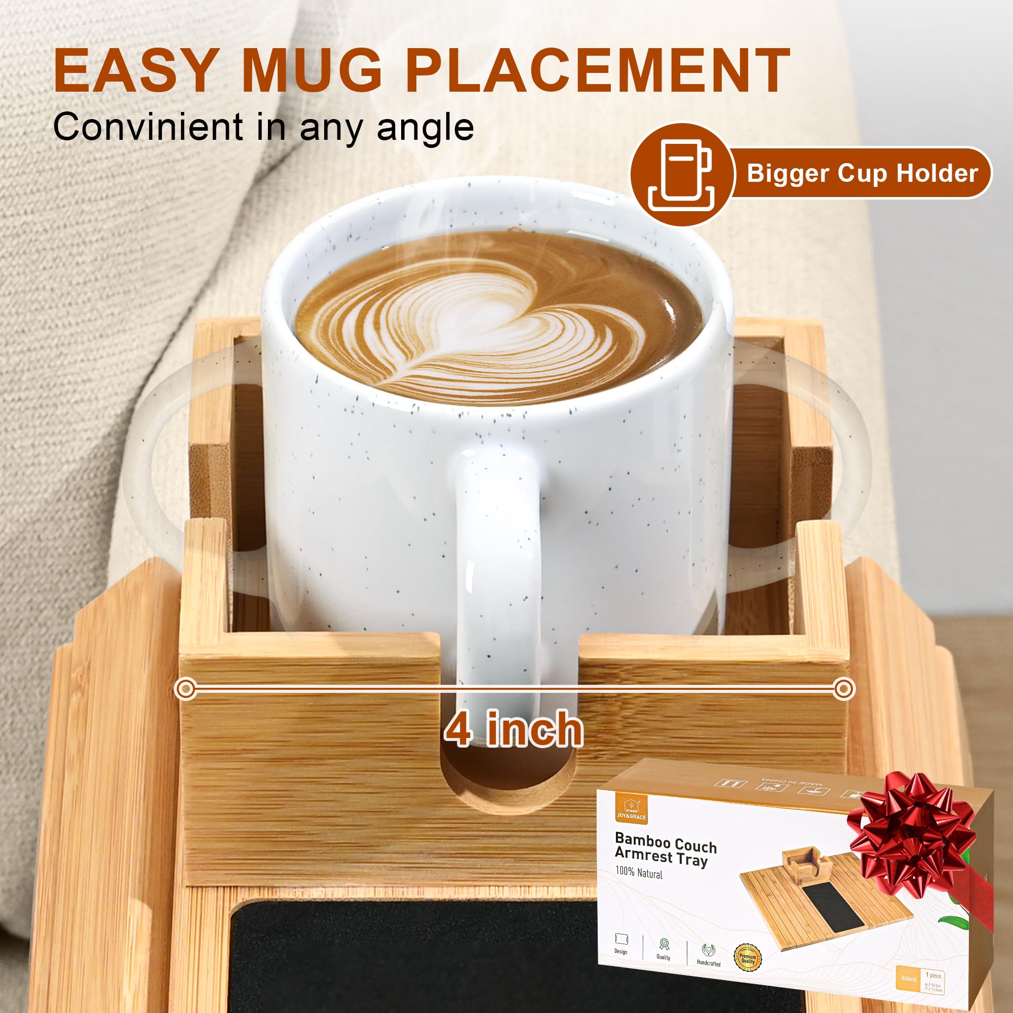 Joy&Grace Bamboo Sofa Armrest Tray with Large Mug Holder - Foldable Anti-Slip Couch Cup Holder & Arm Table for Eating, Drinking, Holding Phone - Perfect for Living Room, Bedroom, Office (Natural Color)