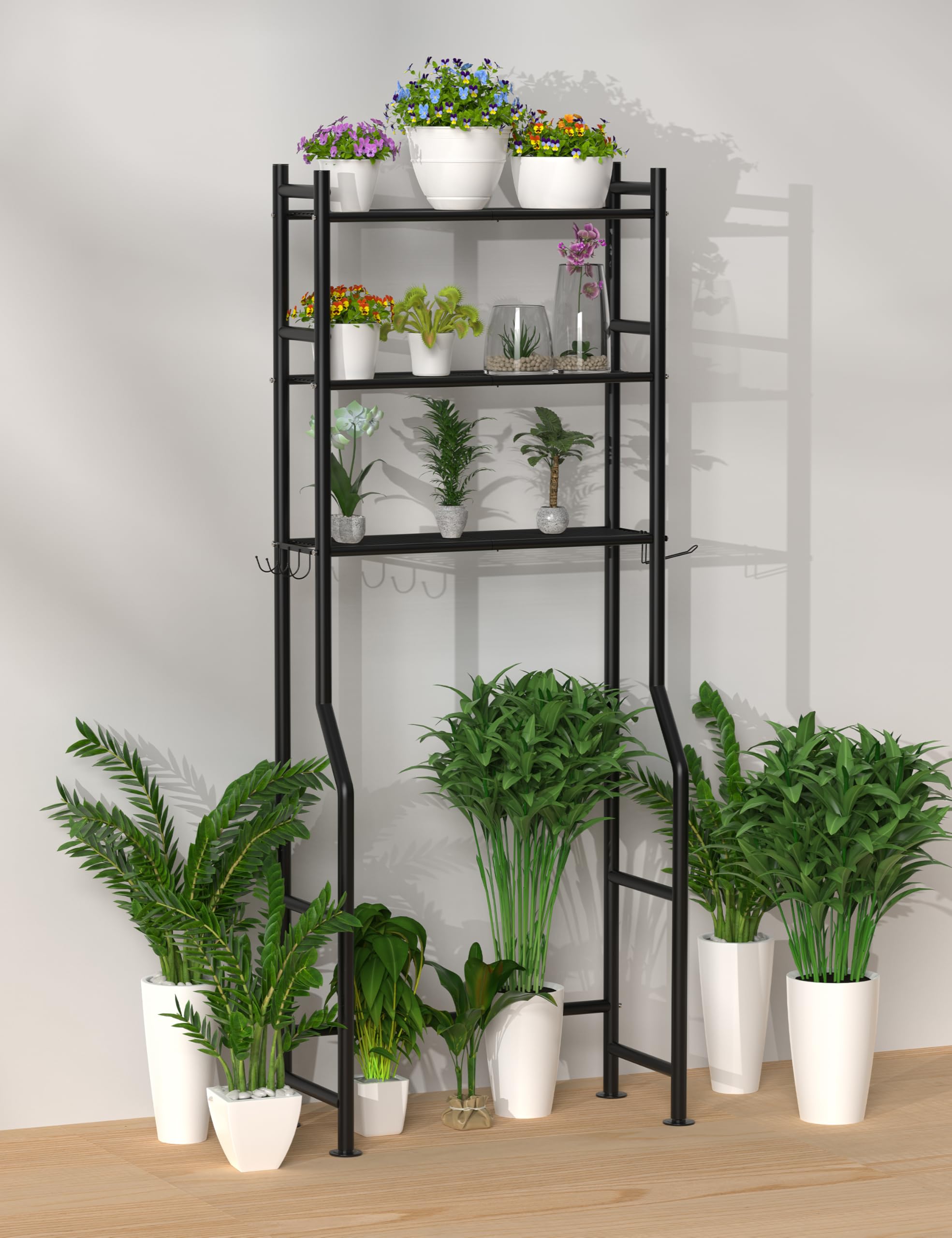 3-Tier Over The Toilet Storage Shelf - Freestanding Metal Bathroom Organizer with 4 Hooks & Paper Holder, Space-Saving Above Toilet Shelf for Towels, Toiletries & Bathroom Essentials - Perfect for Small Bathrooms & Apartments (Black)