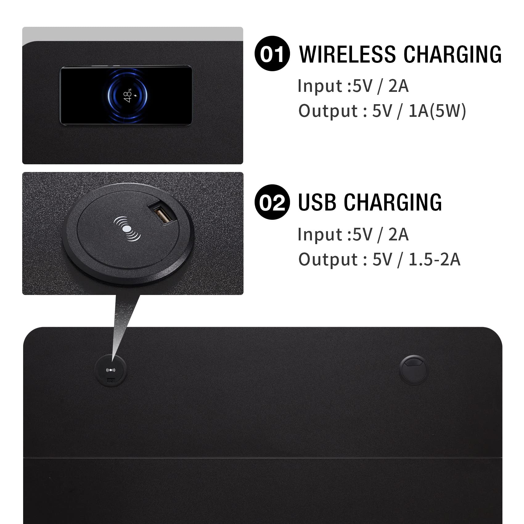UNICOO Adjustable Height Standing Desk with USB & Wireless Charger - Electric Crank Game & Computer Desk for Home Office (Black, M2) - Perfect for Gaming, Work & Study