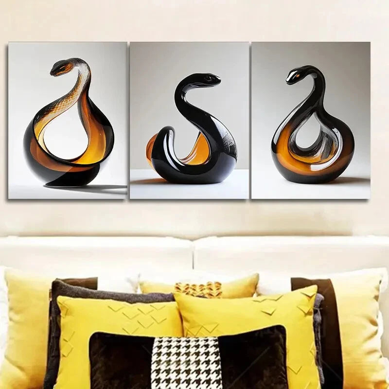 3-Piece Snake Glass Sculpture Circular Wall Art Set - Framed Canvas 40x60cm - High Quality Print - 100% Australian Made - Ready to Hang - Perfect for Living Room, Bedroom & Office Decor
