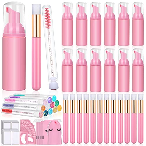 72PCS Eyelash Shampoo & Aftercare Kit - Foam Pump Bottle, Cleaning Brushes, Travel Bag - Professional Lash Bath & Mascara Removal Supplies for Salon, Home & Travel Use