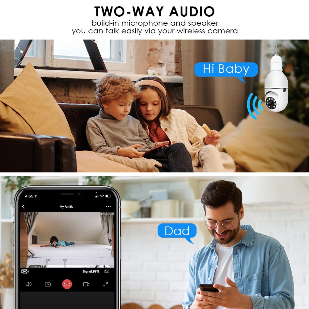 EVERSECU 1080P 2.0MP Wireless Light Bulb PTZ Security Camera - Motion Auto Tracking, 2-Way Audio, Night Vision, Tuya Smart Life App, WiFi IP PTZ CCTV Camera with E27 Connector (4 Pack) - Ideal for Home Security, Baby Monitoring & Pet Surveillance