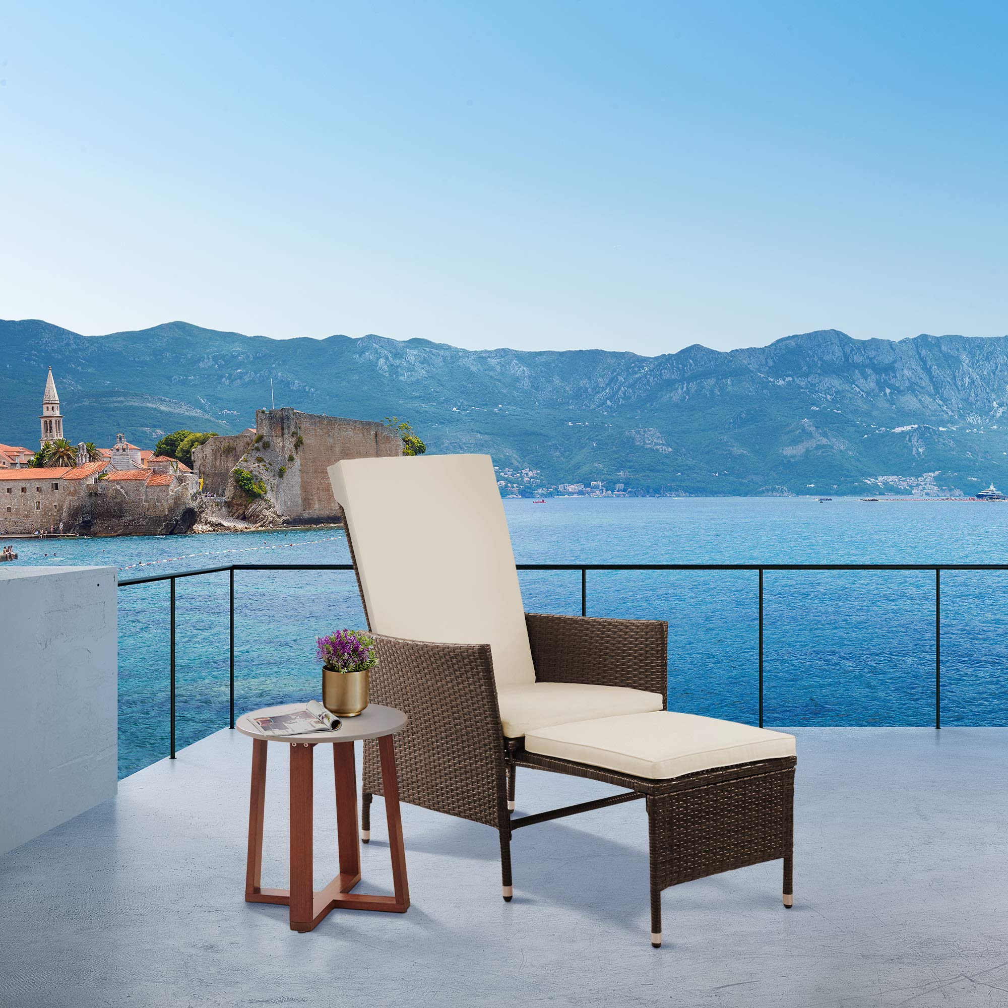 Teamson Home Outdoor PE Rattan Patio Lounge Chair with Ottoman & White Weatherproof Cushions - Brown - Perfect for Patio, Deck, Garden, Poolside, Balcony or Sunroom Relaxation