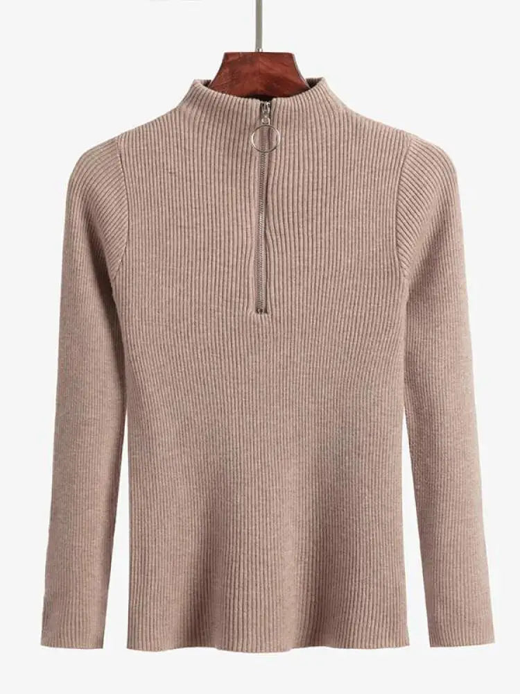 Vintage Solid Knitted Long Sleeve Zip-Up Half Turtleneck Sweater for Women - Cozy Winter Pullover for Casual Outfits & Office Wear