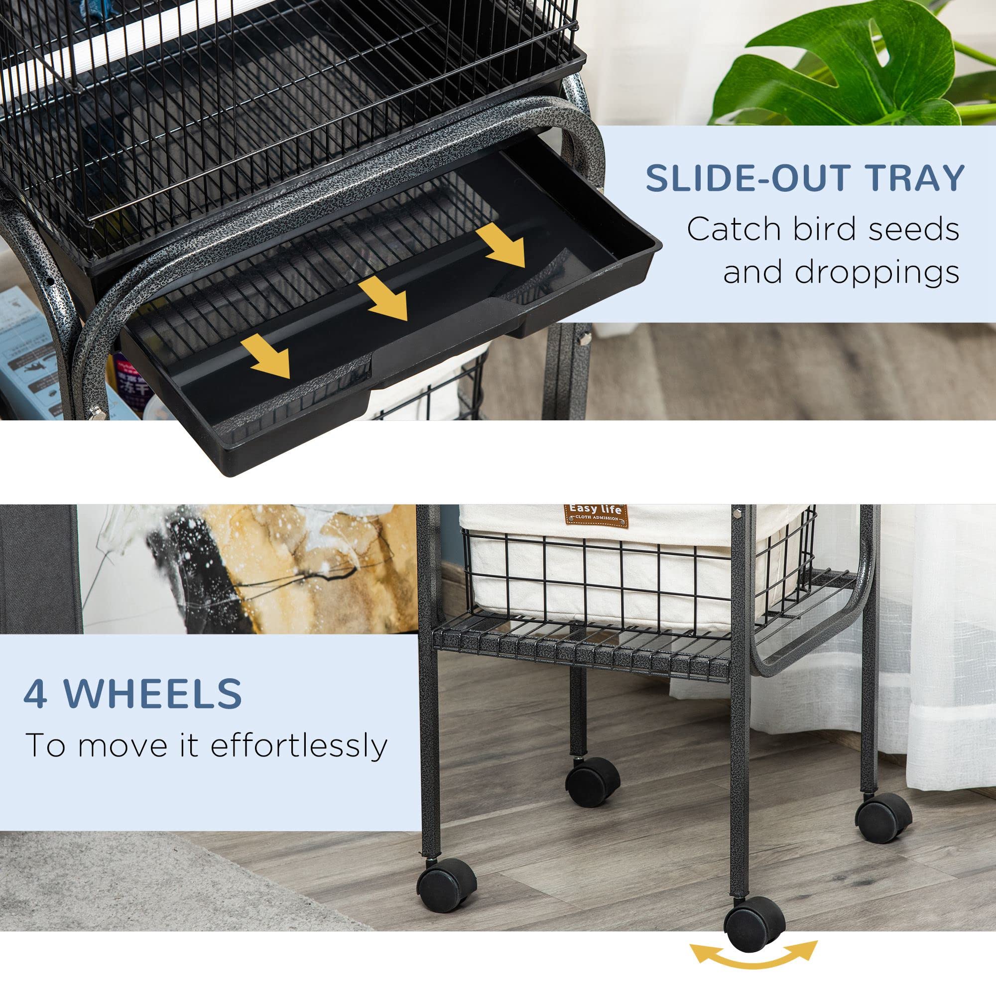 Pawhut 45-inch Black Metal Indoor Bird Cage - Large Parrot Cage with Detachable Rolling Stand, Storage Basket & Accessories | Perfect for Cockatiels, Parakeets & Small Birds - Home & Aviary Use