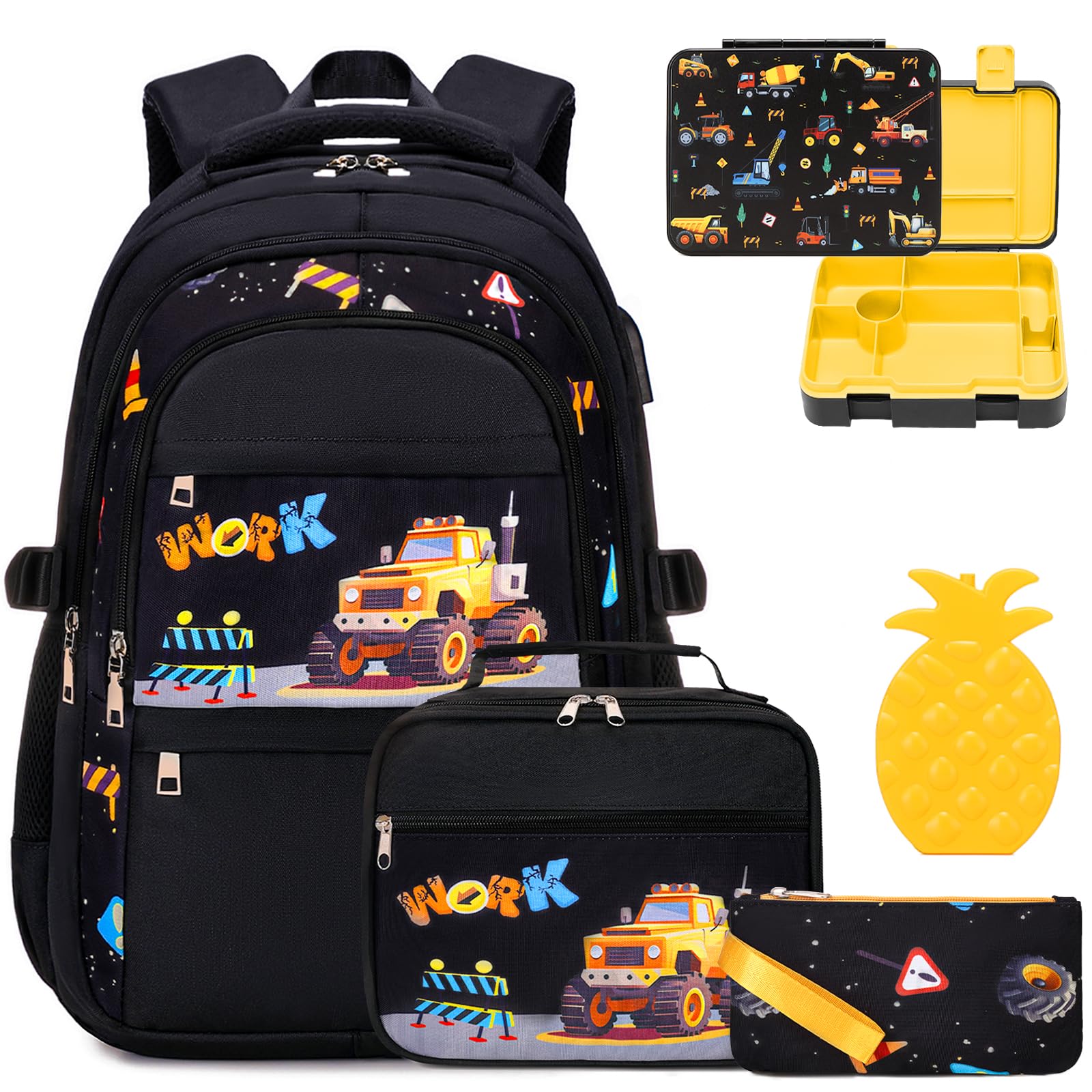 **Kids Insulated Lunch Box Backpack with 6 Leakproof Compartments & Removable Tray - Car-Themed Bento Box, Pencil Case & Utensils Set for Boys & Girls - Perfect for School, Picnics & Travel**