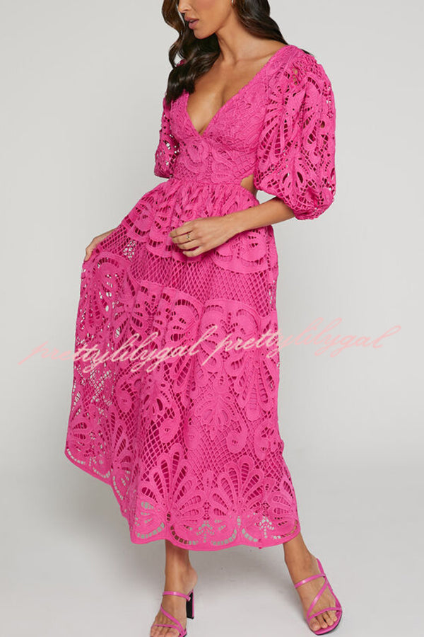 Elegant Solid Color V-Neck Lace Maxi Dress for Women - Sexy Hollow Out Waistless Long Dress for Summer, Beach, Party & Evening Wear