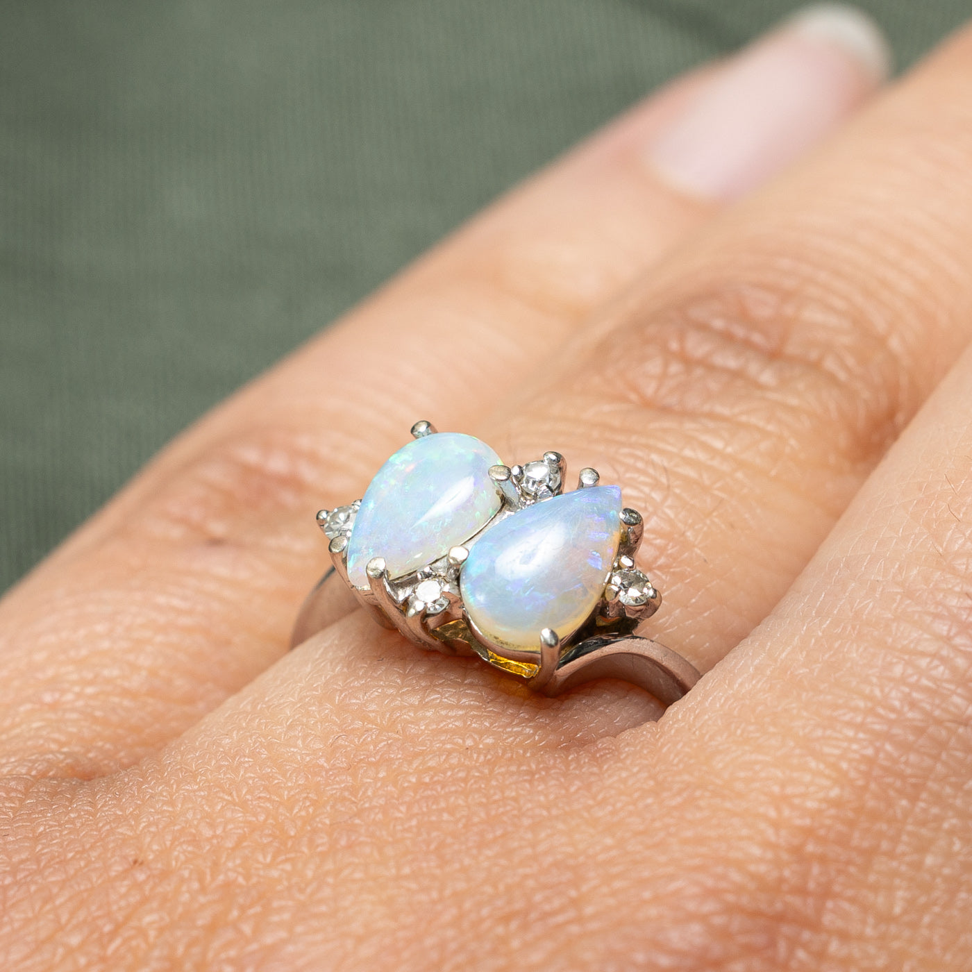 Toi et Moi Pear Opal & Diamond Ring | 0.80ctw Opal & 0.08ctw Diamond | Size 7 | Elegant Engagement, Wedding, or Anniversary Gift for Her