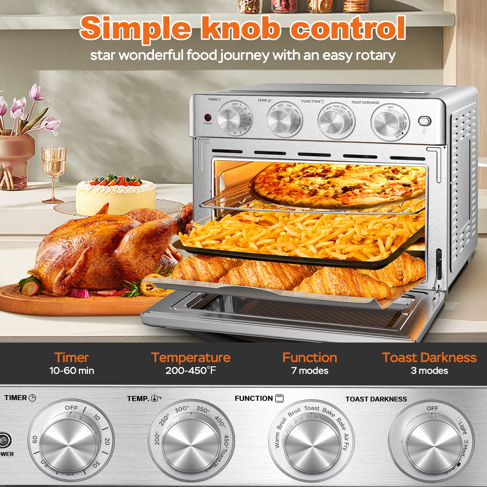 Geek Chef 26 QT Air Fryer Oven - Large Capacity Toaster Oven with Bake, Roast & Pizza Functions | 6-Slice Toaster | Stainless Steel Design | Easy to Use & Clean | Perfect for Family Cooking, Meal Prep & Healthy Air Frying