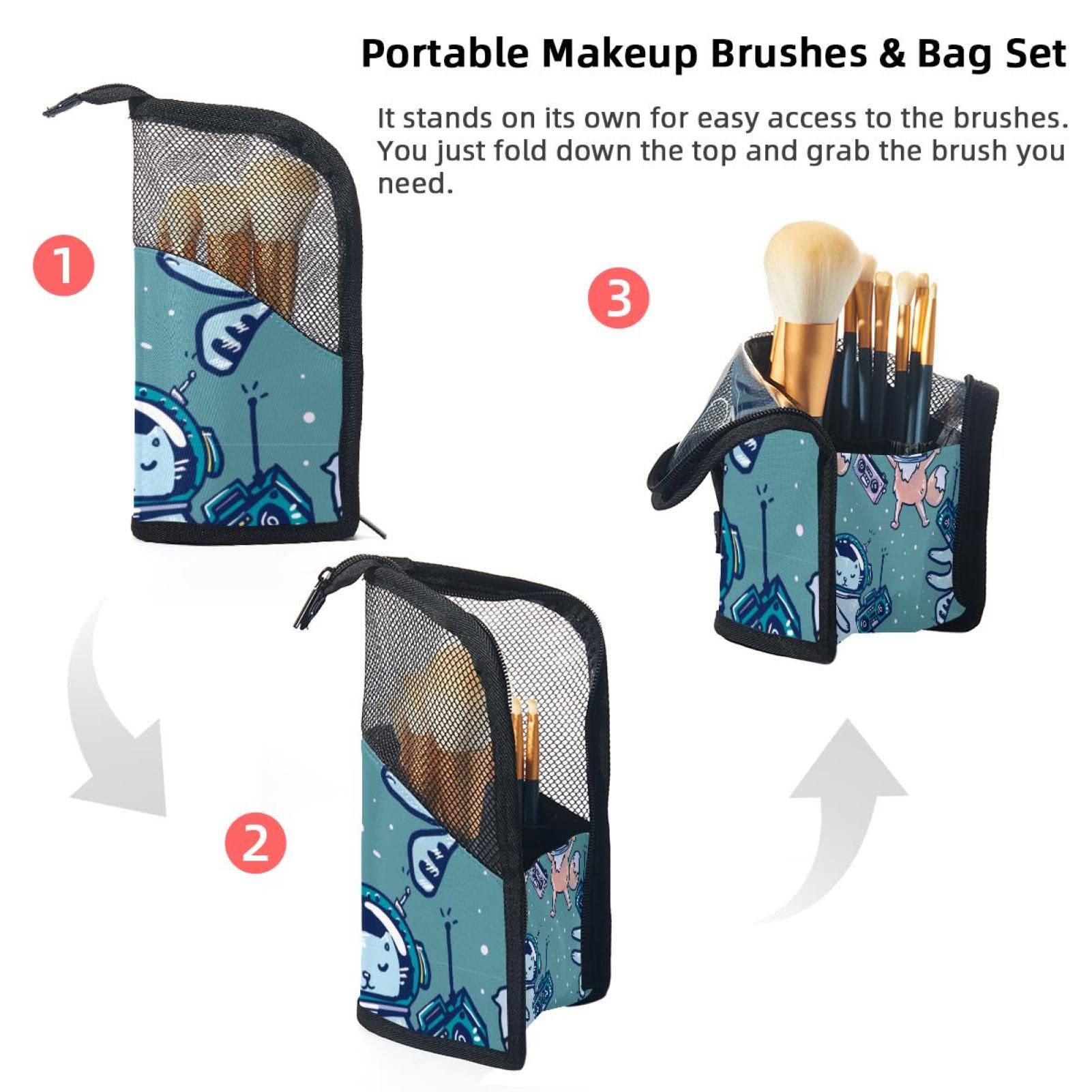 Portable Makeup Brush Organizer Bag with 12 Slots - Cute Space Cat Design Cosmetic Brush Holder Case for Travel & Home Storage