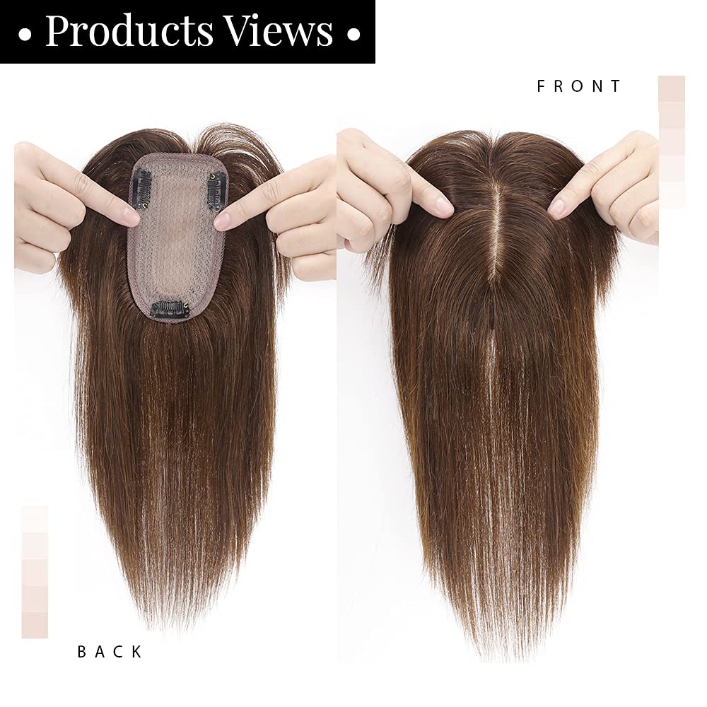 MY-LADY 150% Density Human Hair Toppers With Bangs - 18 Inch Medium Brown Silk Base Clip-in Hairpiece for Women with Thinning Hair & Hair Loss - Perfect for Daily Wear, Special Occasions & Styling
