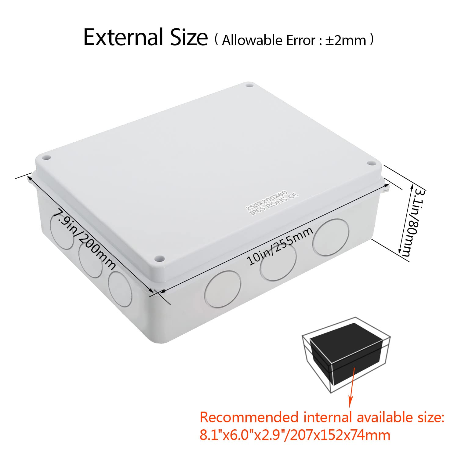 LeMotech IP65 Waterproof Junction Box - 10 x 7.9 x 3.1 Inch ABS Plastic Electrical Enclosure for Outdoor Electronics - Dustproof Project Box for Wiring, Solar Panels & Home Automation