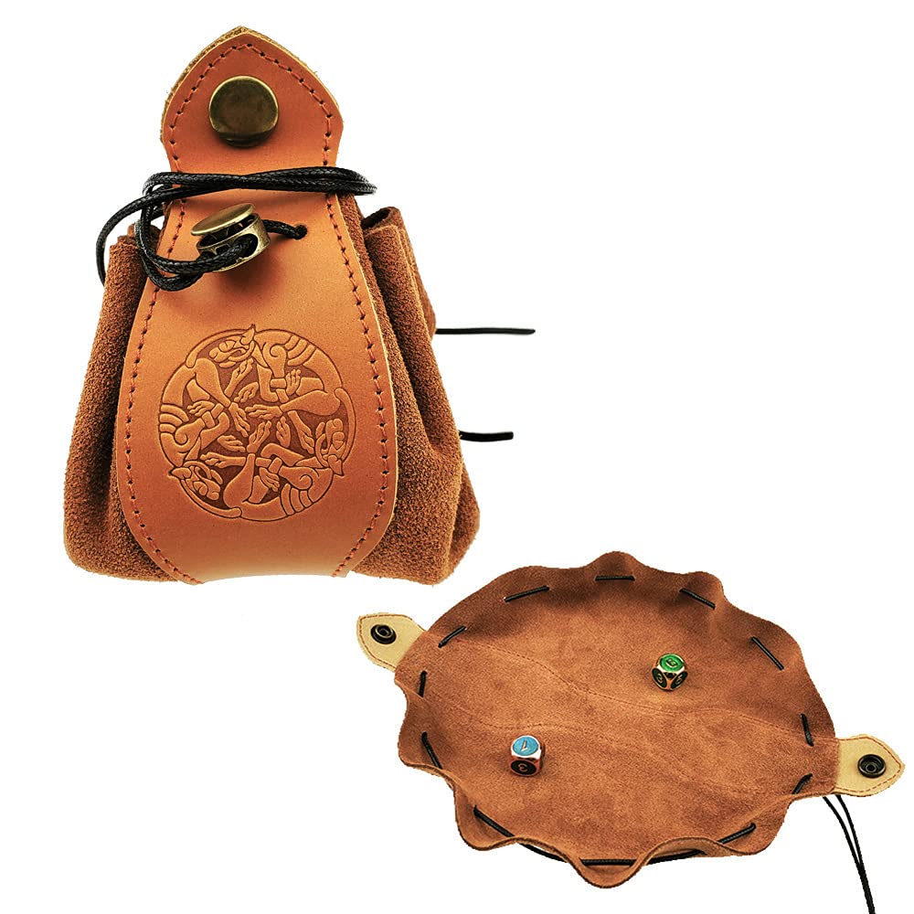 Genuine Leather Drawstring Pouch - Handmade Dice Bag & Coin Purse with Celtic Wolf Design for D&D, RPG Accessories, Slingshot Storage | Perfect for Tabletop Gaming, Travel Essentials & Outdoor Adventures