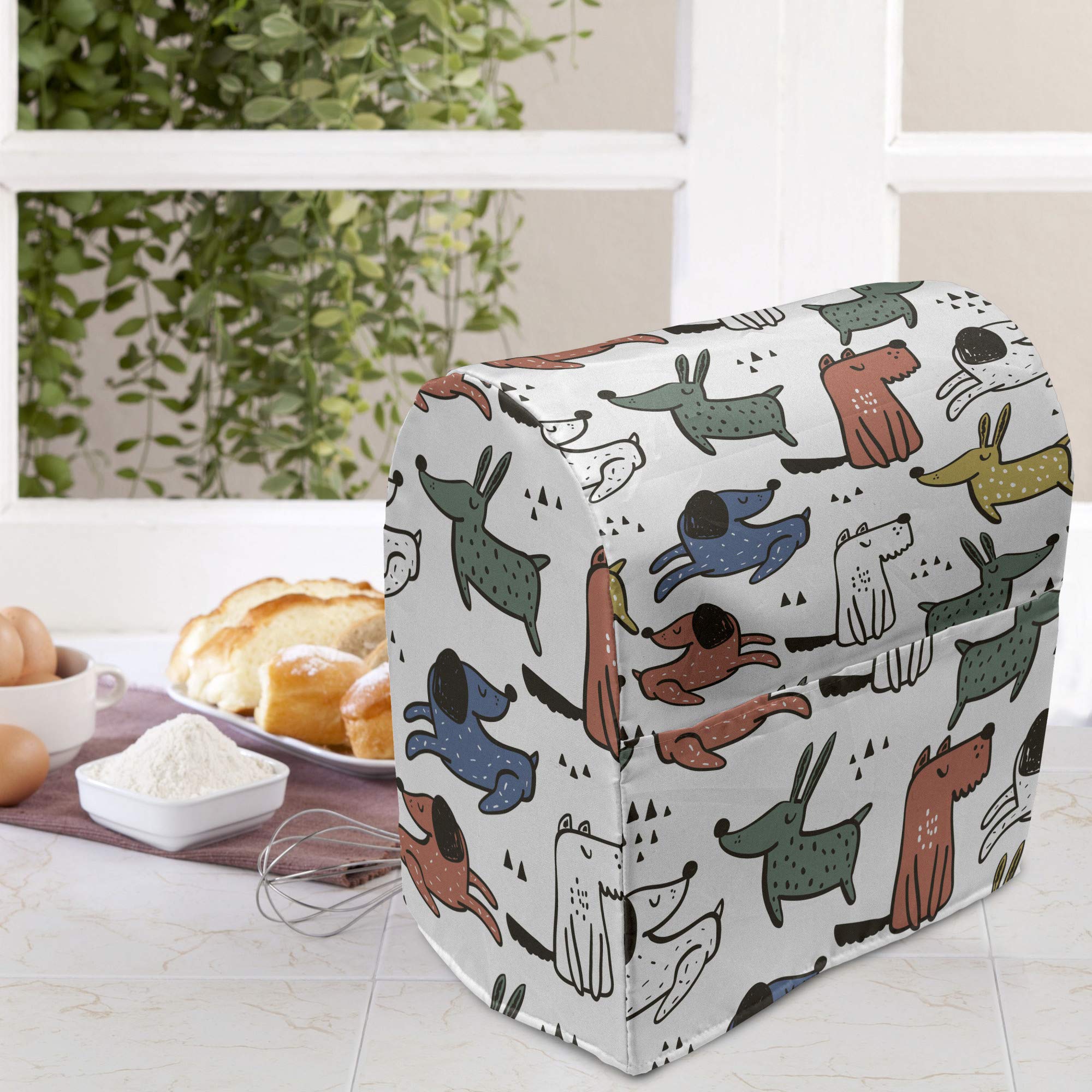 Ambesonne Funny Puppies Stand Mixer Cover - Pastel Pet Doodle Design, Vet Clinic & Kitchen Appliance Organizer with Pocket (Fits 6-8 Quarts, Multicolor) - Perfect for Baking, Cooking & Kitchen Organization