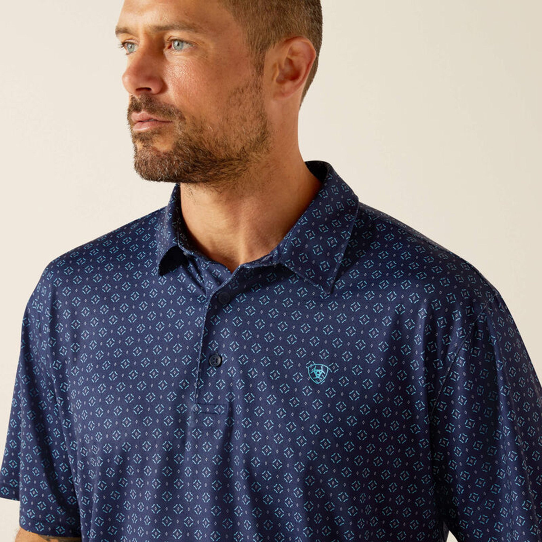 Ariat Men's Navy Geo Print 360 Airflow Polo Shirt - Breathable Moisture-Wicking Performance Top for Golf, Work & Outdoor Activities
