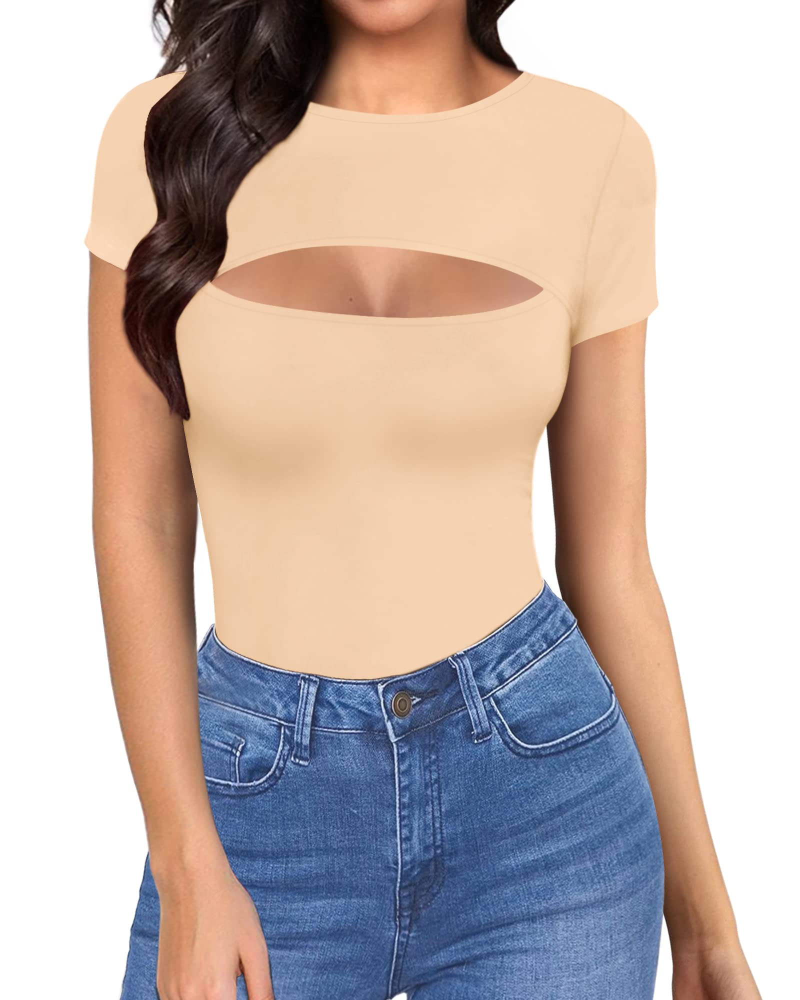 ALGALAROUND Women's Sexy Cutout Front Tops - Long & Short Sleeve Bodycon T-Shirts for Club, Party & Night Out | Slim Fit Stretchy Casual Tops