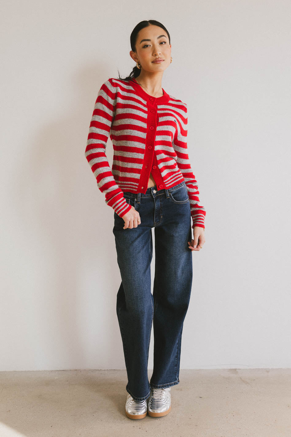 Albia Women's Cherry Striped Cardigan - Soft Knit Sweater for Fall & Winter | Cozy Casual Wear for Office, Dates & Outings